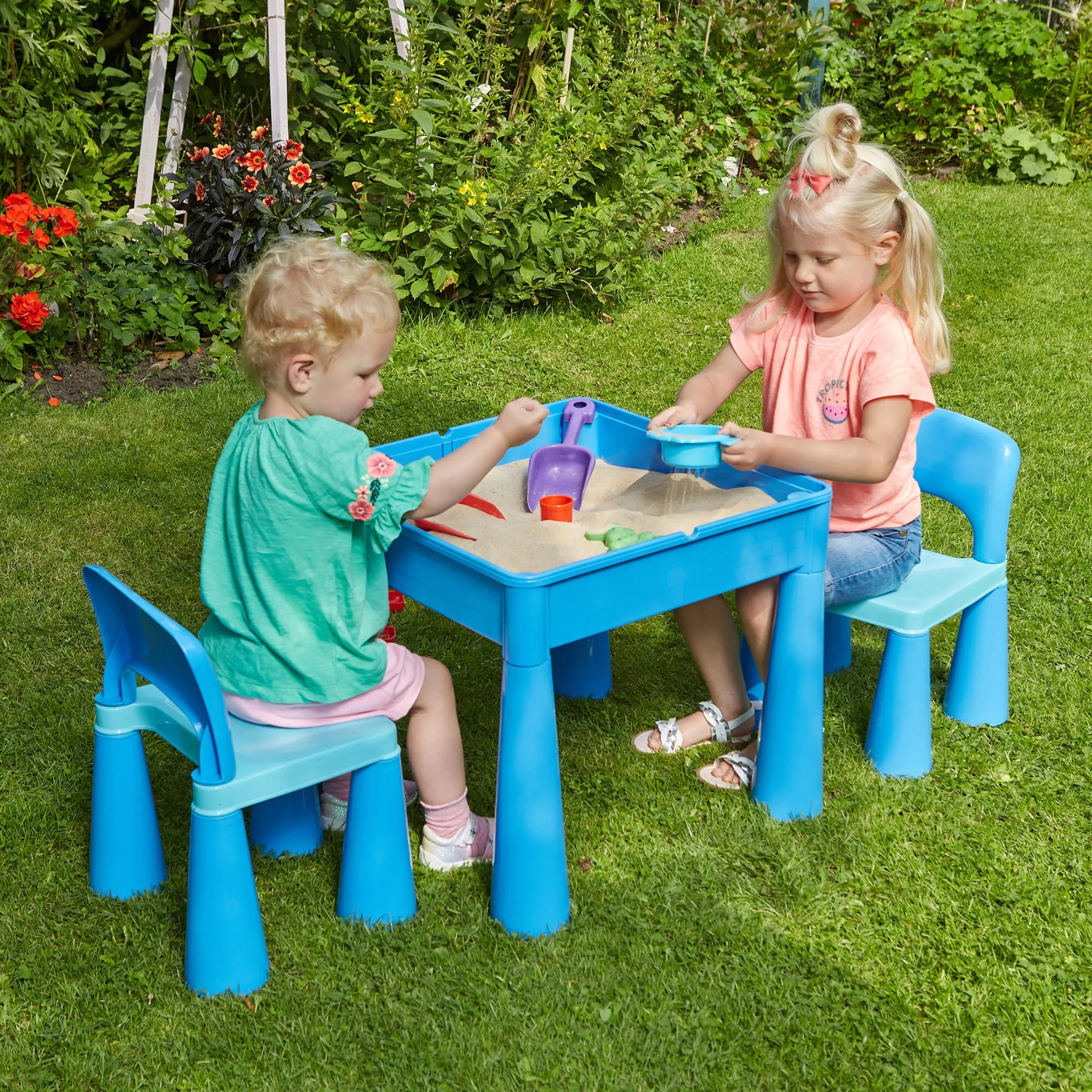 Kid's Indoor | Outdoor 4-in-1 Plastic Table & 2 Chairs Set | Lego Board | Sand & Water Pit | Blues