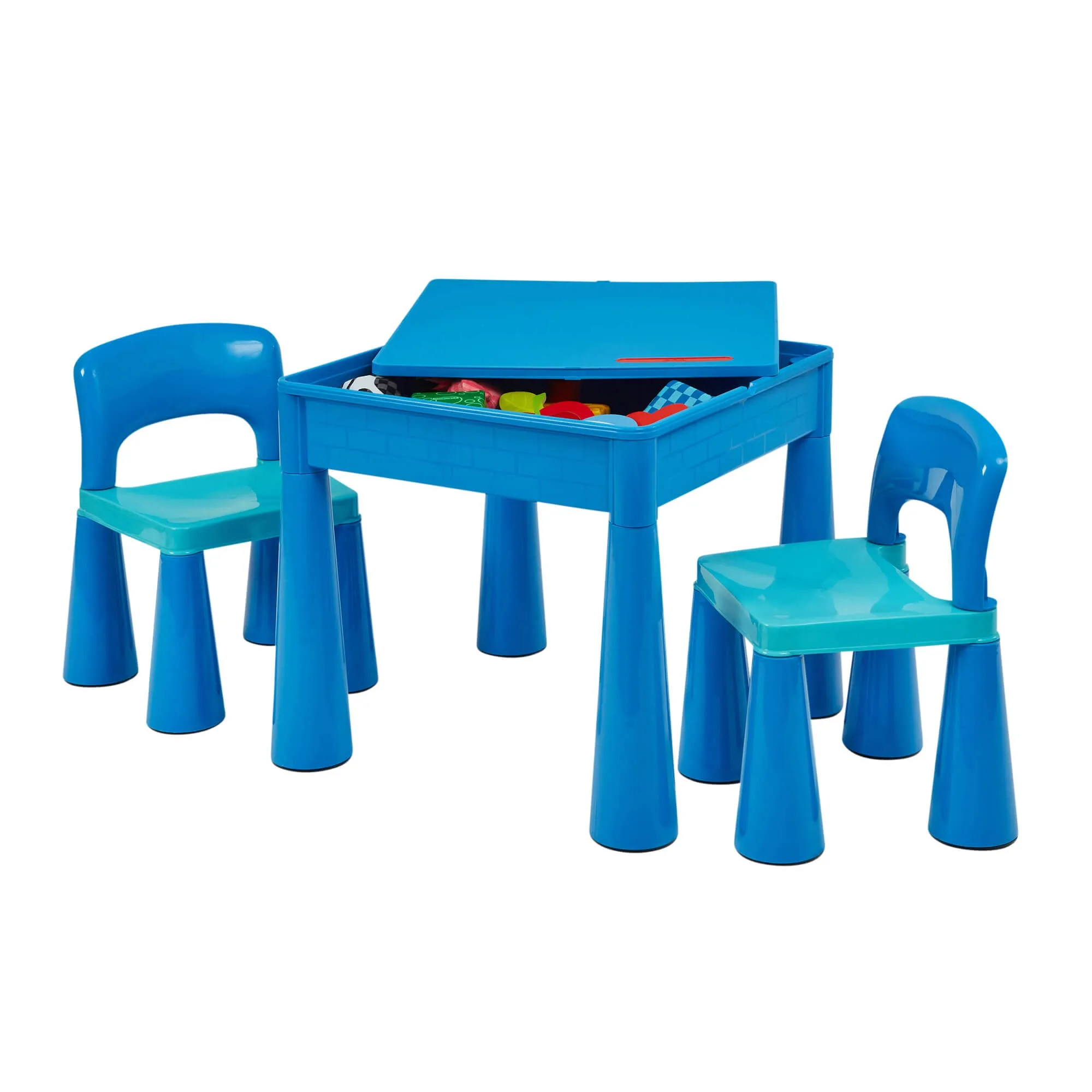 Kid's Indoor | Outdoor 4-in-1 Plastic Table & 2 Chairs Set | Lego Board | Sand & Water Pit | Blues