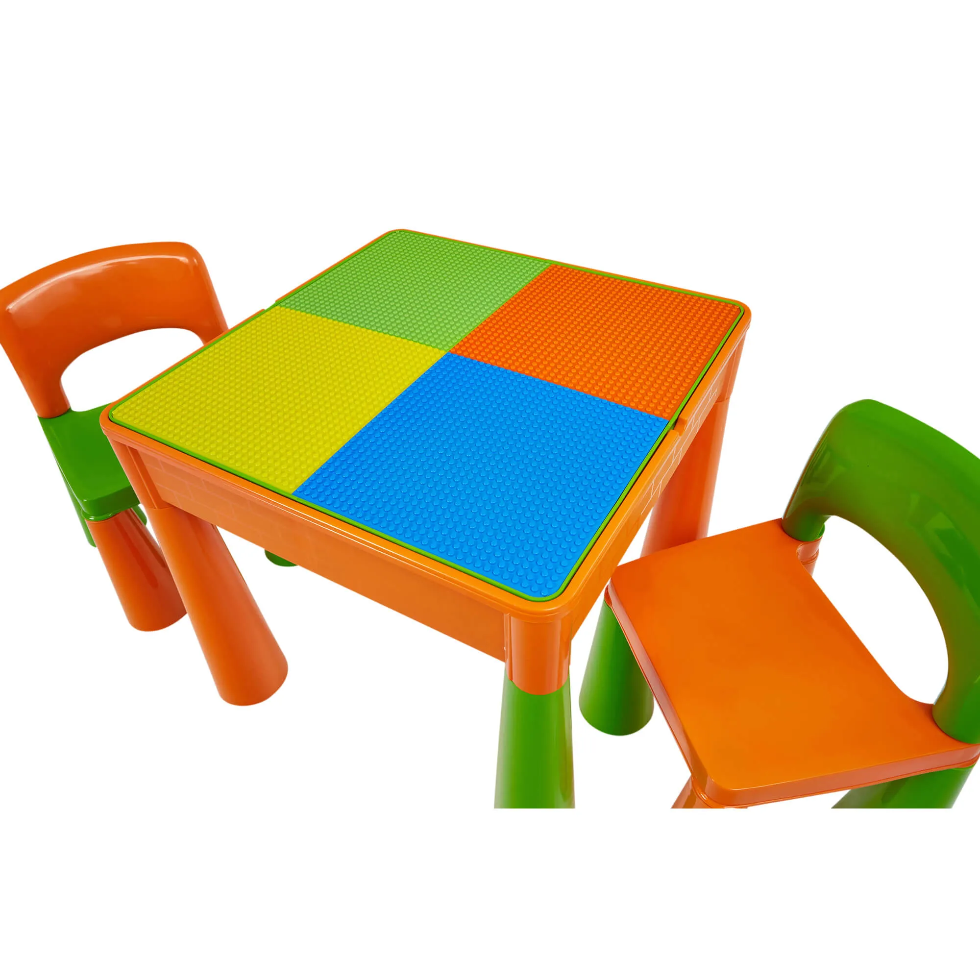 Kid's Indoor | Outdoor Multipurpose Plastic Table & 2 Chairs Set | Lego Board | Sand & Water Pit | Orange & Green