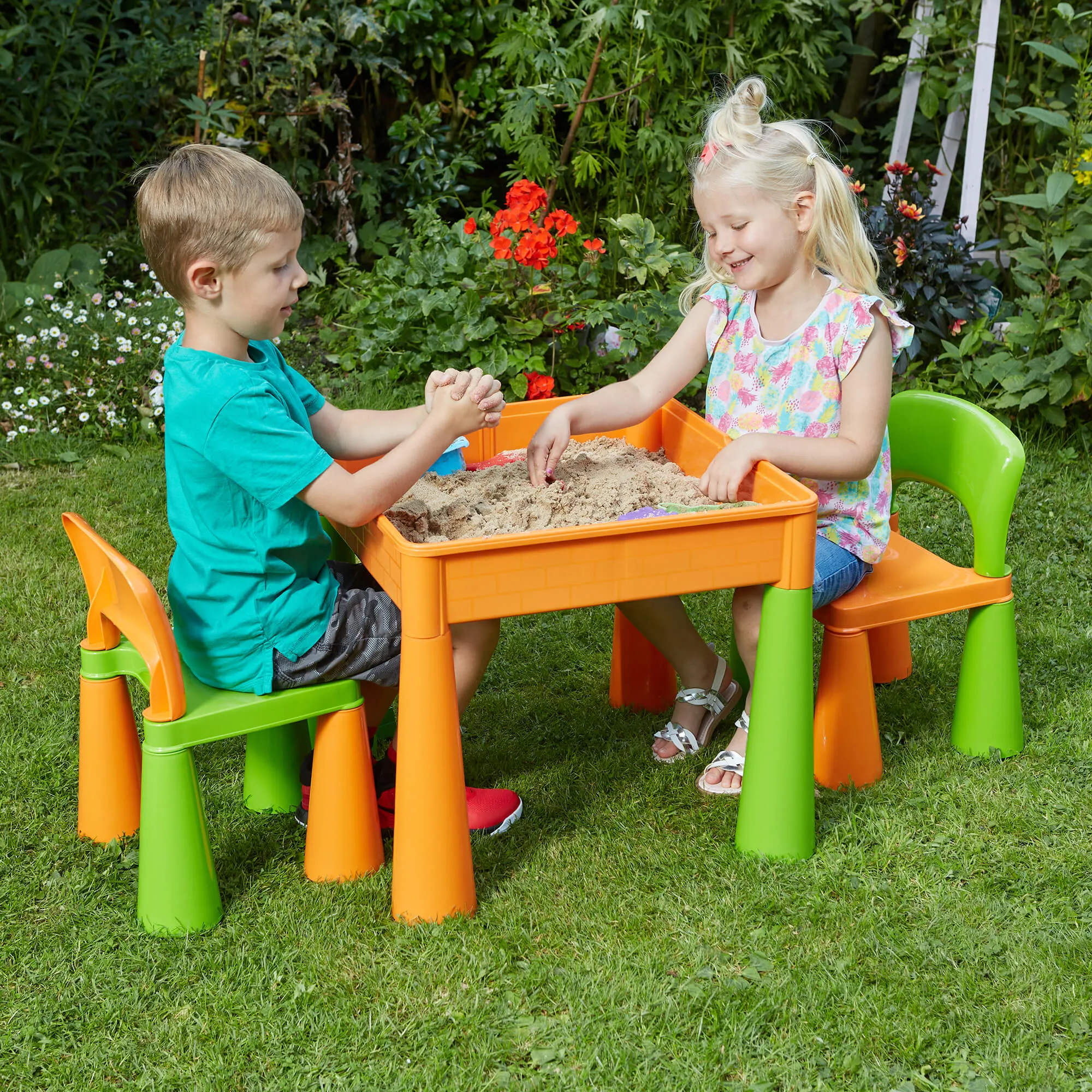 Kid's Indoor | Outdoor Multipurpose Plastic Table & 2 Chairs Set | Lego Board | Sand & Water Pit | Orange & Green