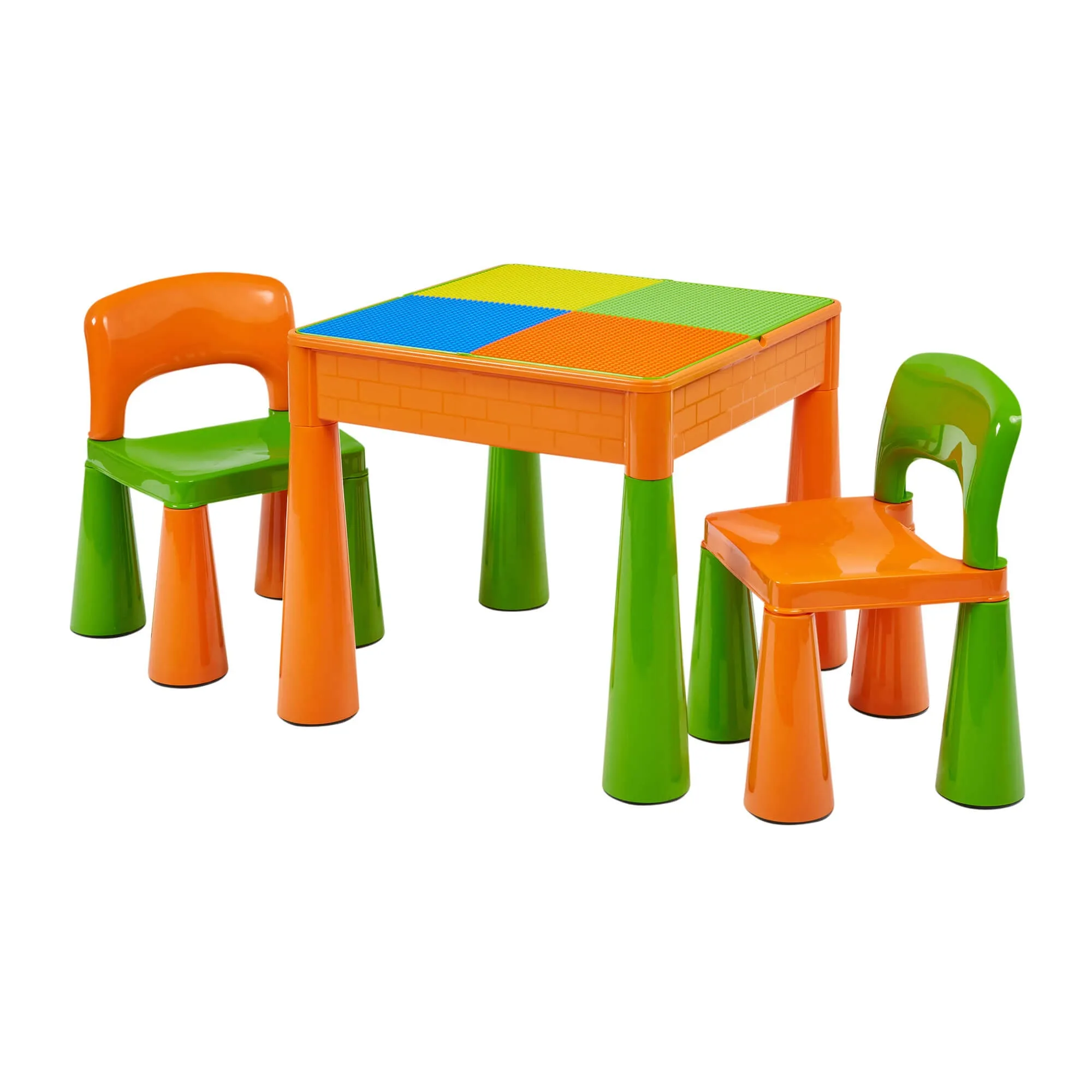 Kid's Indoor | Outdoor Multipurpose Plastic Table & 2 Chairs Set | Lego Board | Sand & Water Pit | Orange & Green
