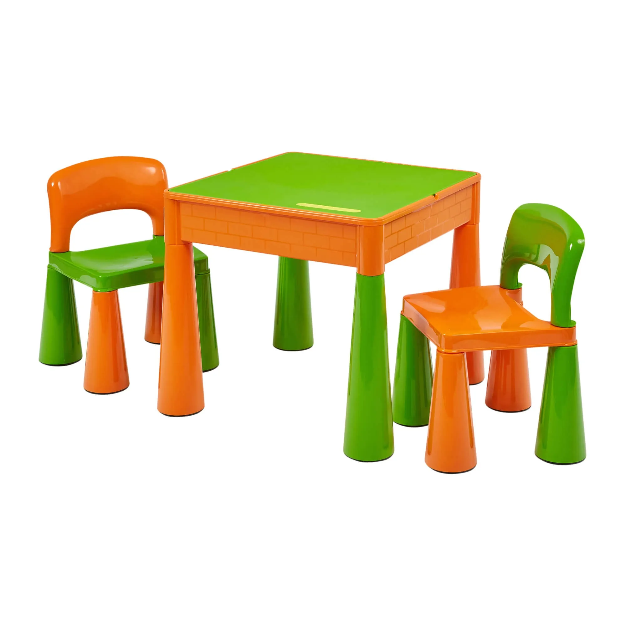 Kid's Indoor | Outdoor Multipurpose Plastic Table & 2 Chairs Set | Lego Board | Sand & Water Pit | Orange & Green