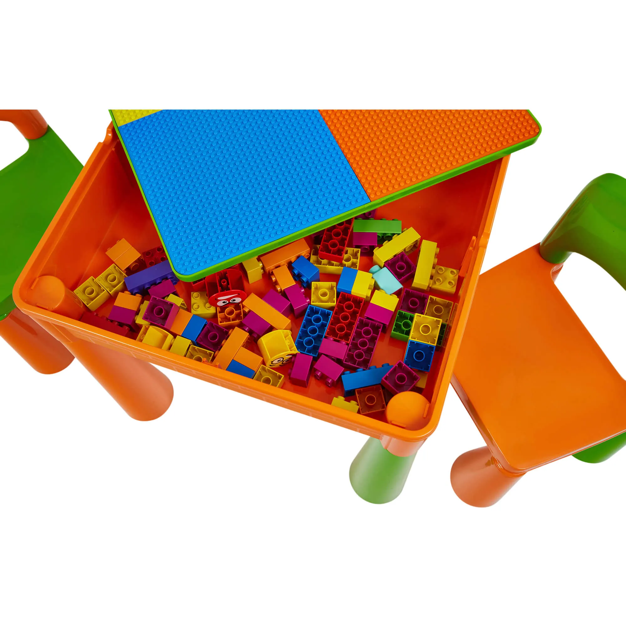 Kid's Indoor | Outdoor Multipurpose Plastic Table & 2 Chairs Set | Lego Board | Sand & Water Pit | Orange & Green