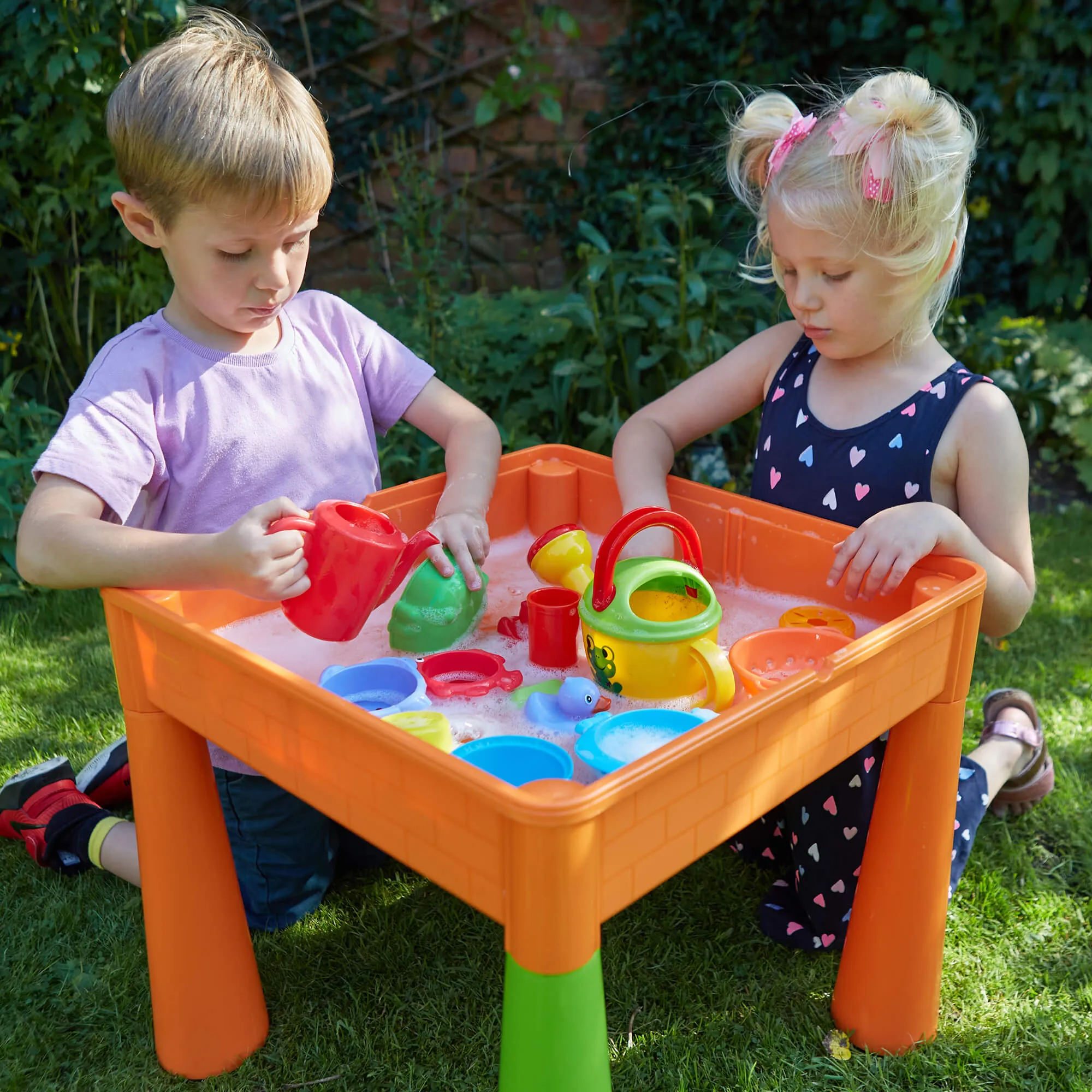 Kid's Indoor | Outdoor Multipurpose Plastic Table & 2 Chairs Set | Lego Board | Sand & Water Pit | Orange & Green