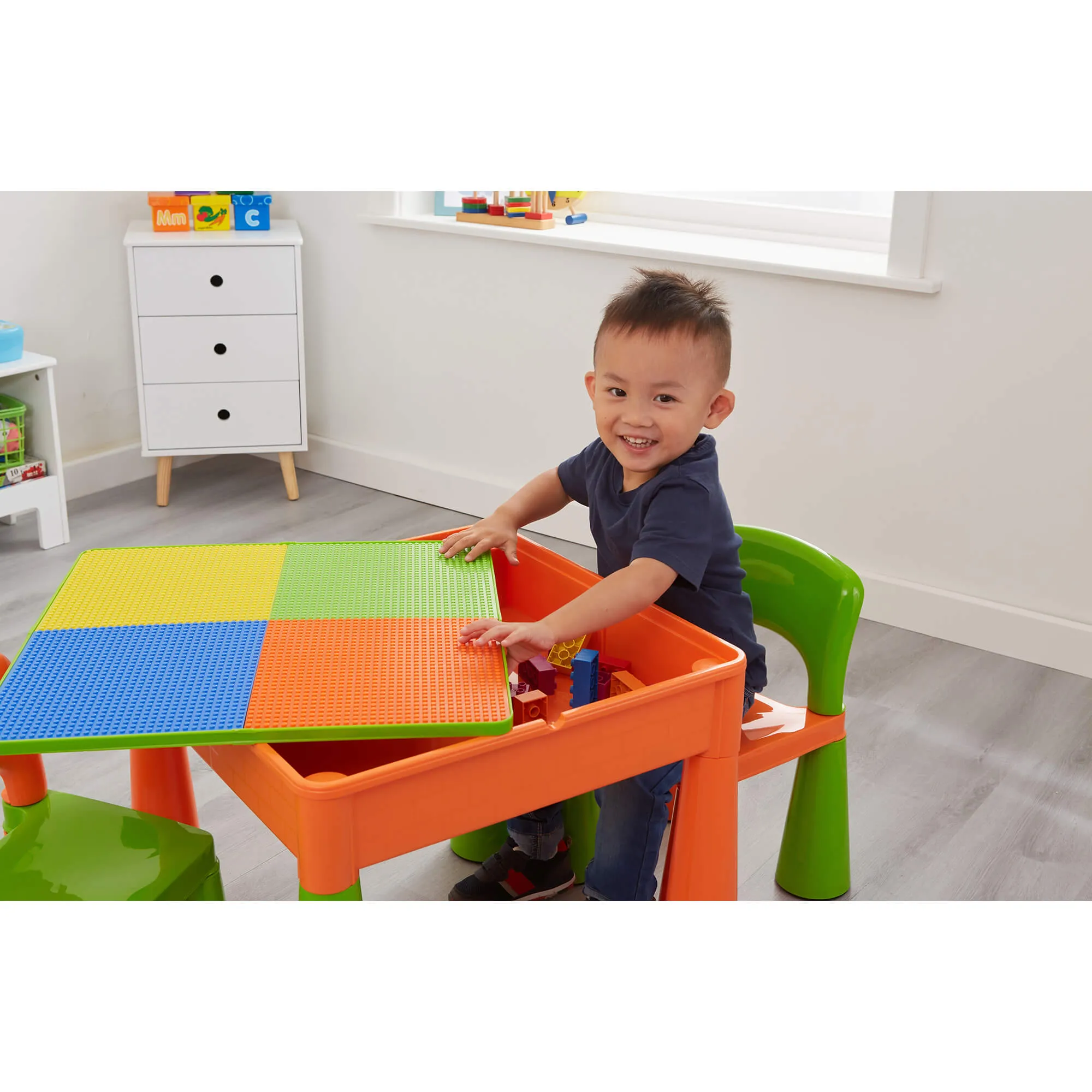 Kid's Indoor | Outdoor Multipurpose Plastic Table & 2 Chairs Set | Lego Board | Sand & Water Pit | Orange & Green