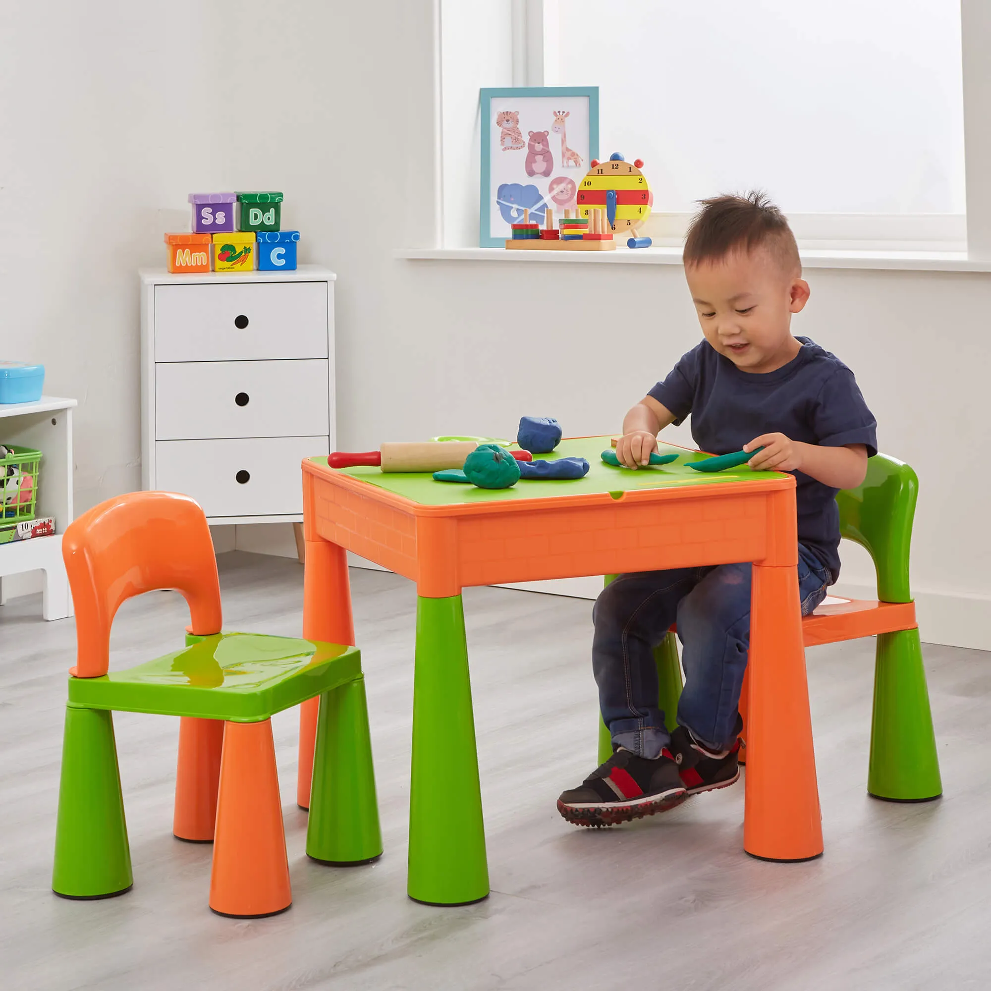 Kid's Indoor | Outdoor Multipurpose Plastic Table & 2 Chairs Set | Lego Board | Sand & Water Pit | Orange & Green
