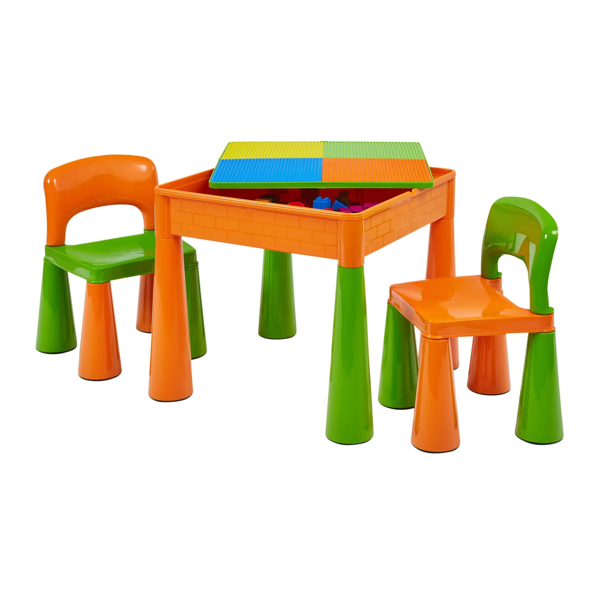 Kid's Indoor | Outdoor Multipurpose Plastic Table & 2 Chairs Set | Lego Board | Sand & Water Pit | Orange & Green