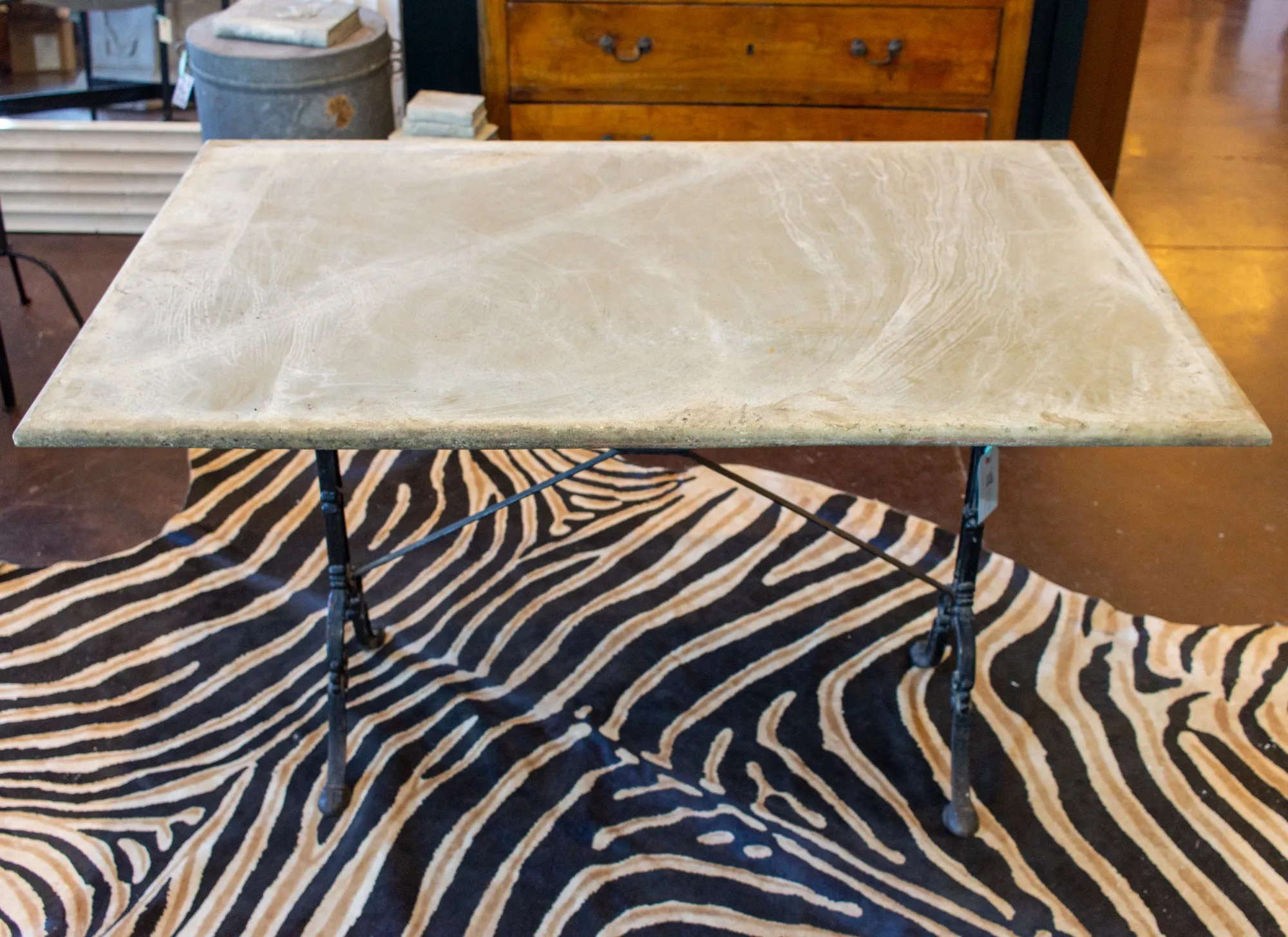 Large Antique French Iron Bistro and Garden Table with Marble Top