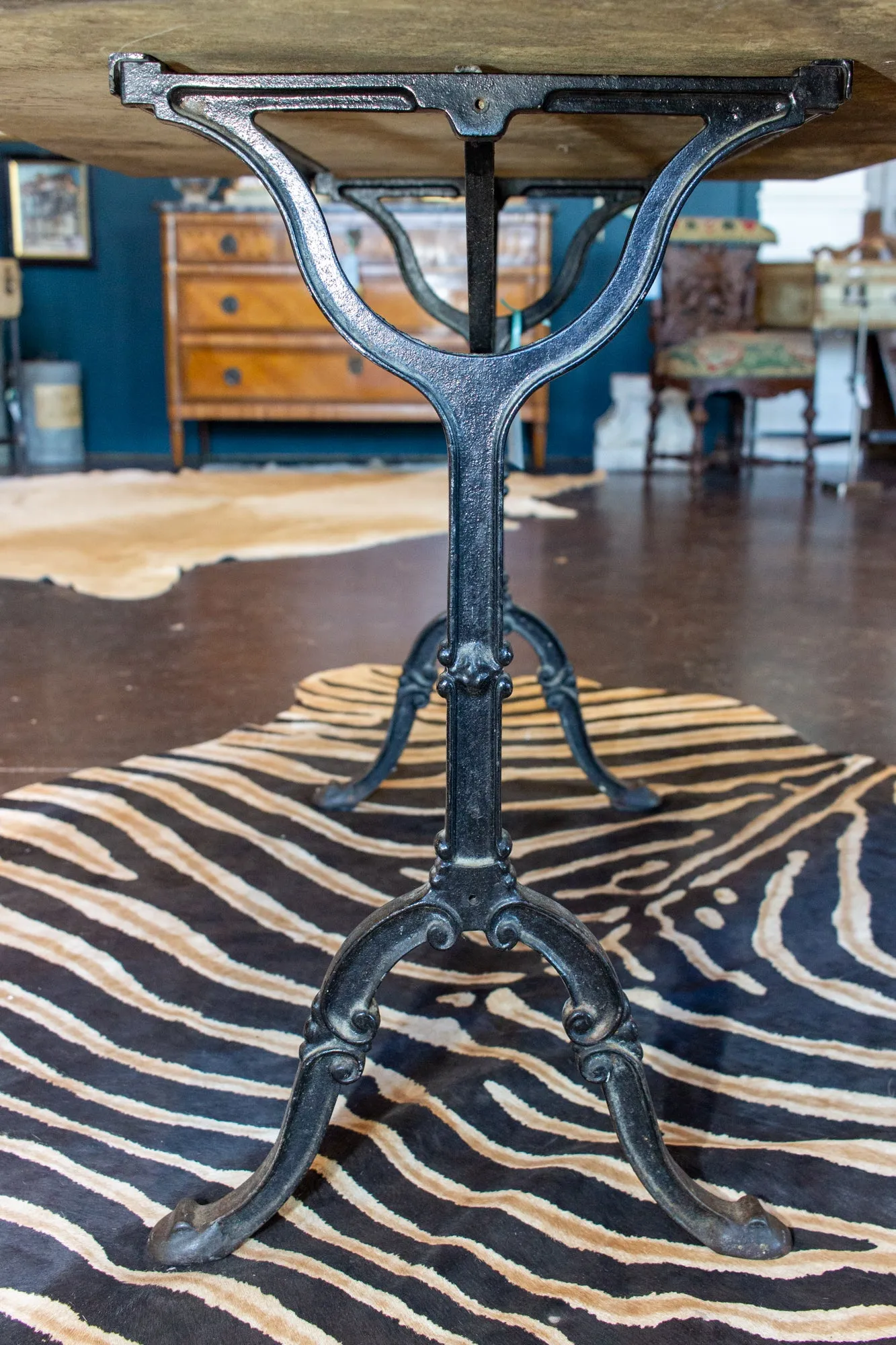 Large Antique French Iron Bistro and Garden Table with Marble Top