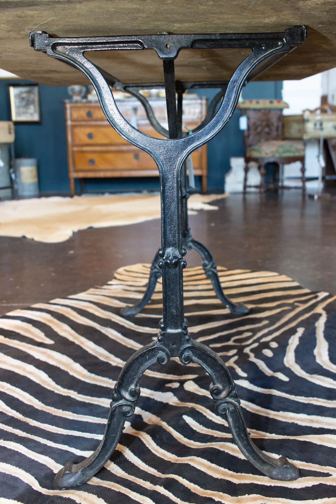 Large Antique French Iron Bistro and Garden Table with Marble Top
