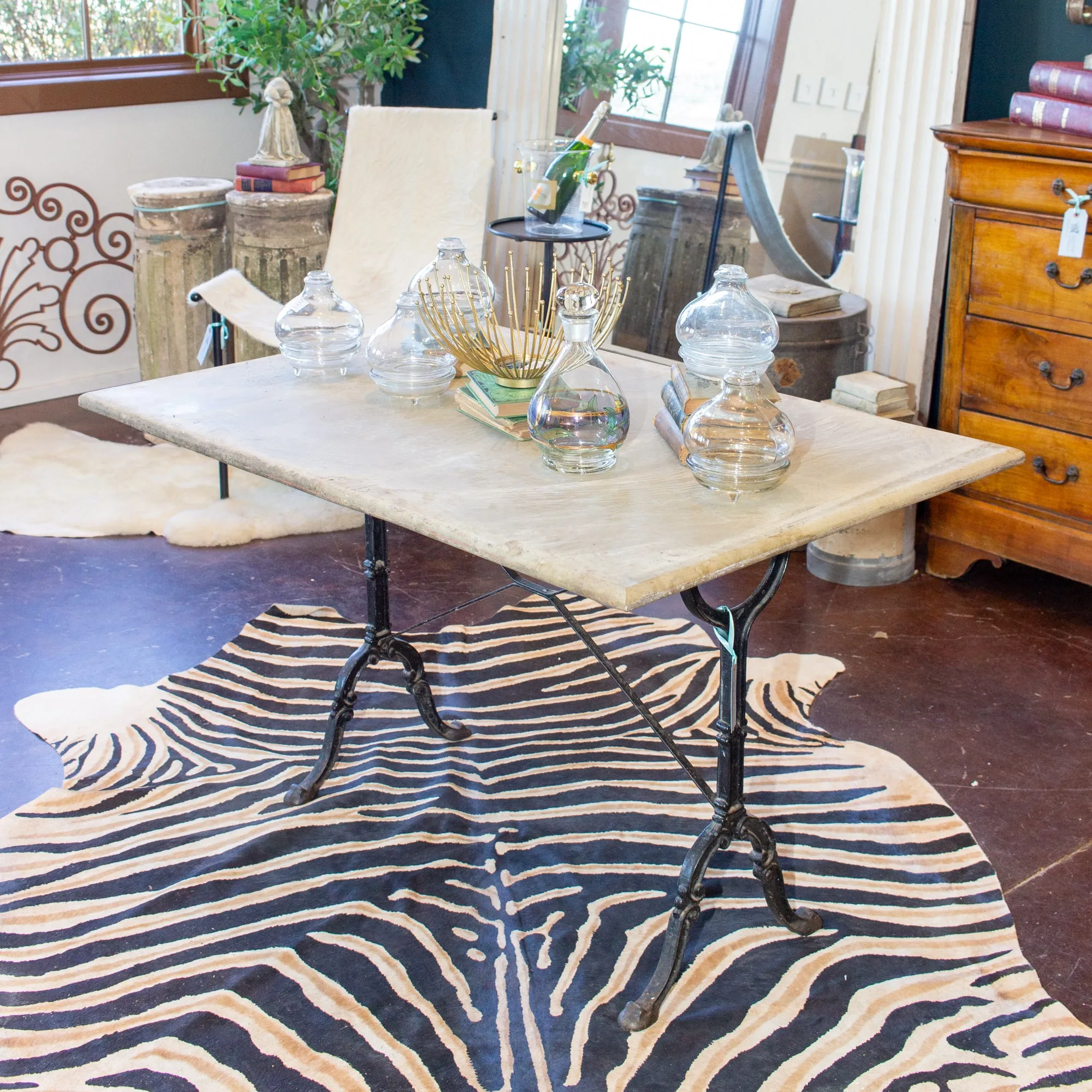 Large Antique French Iron Bistro and Garden Table with Marble Top