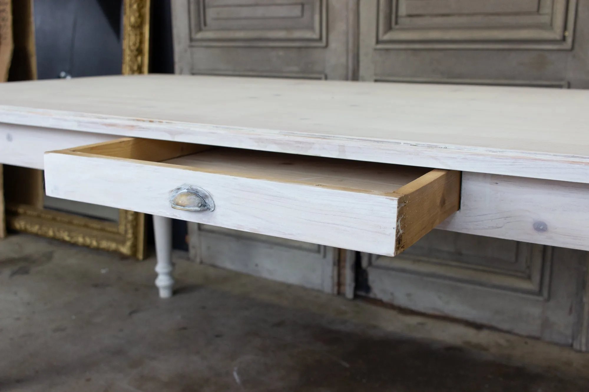 Large Pine Farm Table and Worktable with Drawer in Whitewash Painted Finish