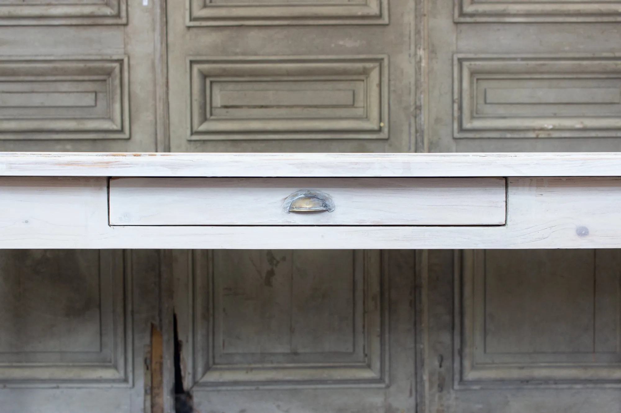 Large Pine Farm Table and Worktable with Drawer in Whitewash Painted Finish