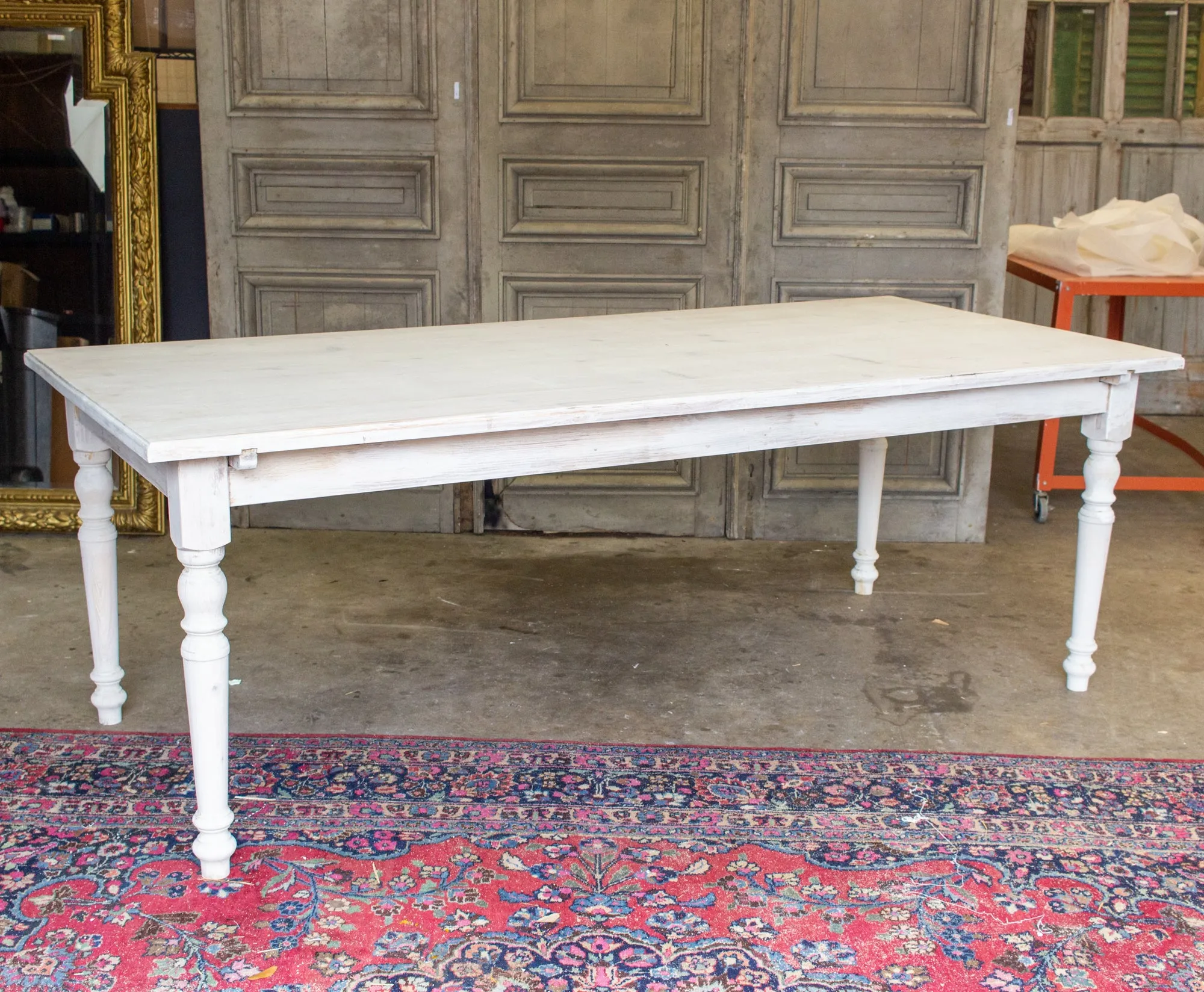 Large Pine Farm Table and Worktable with Drawer in Whitewash Painted Finish
