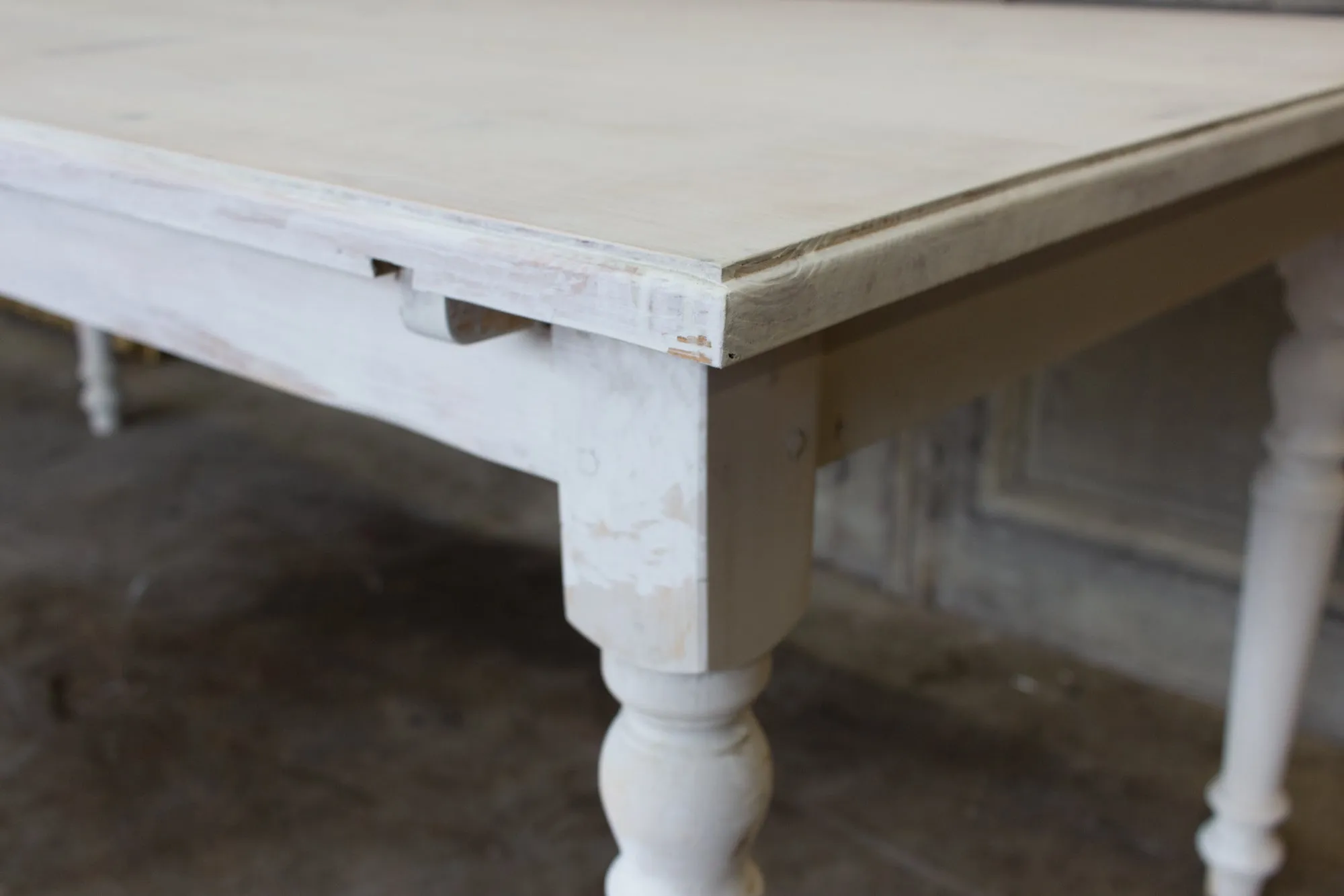 Large Pine Farm Table and Worktable with Drawer in Whitewash Painted Finish