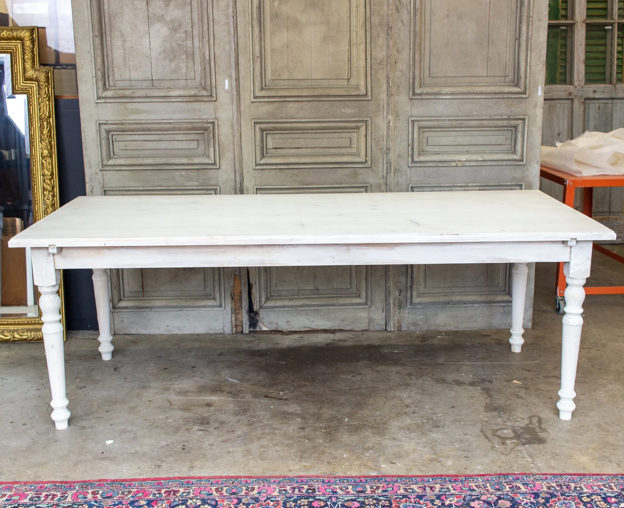 Large Pine Farm Table and Worktable with Drawer in Whitewash Painted Finish