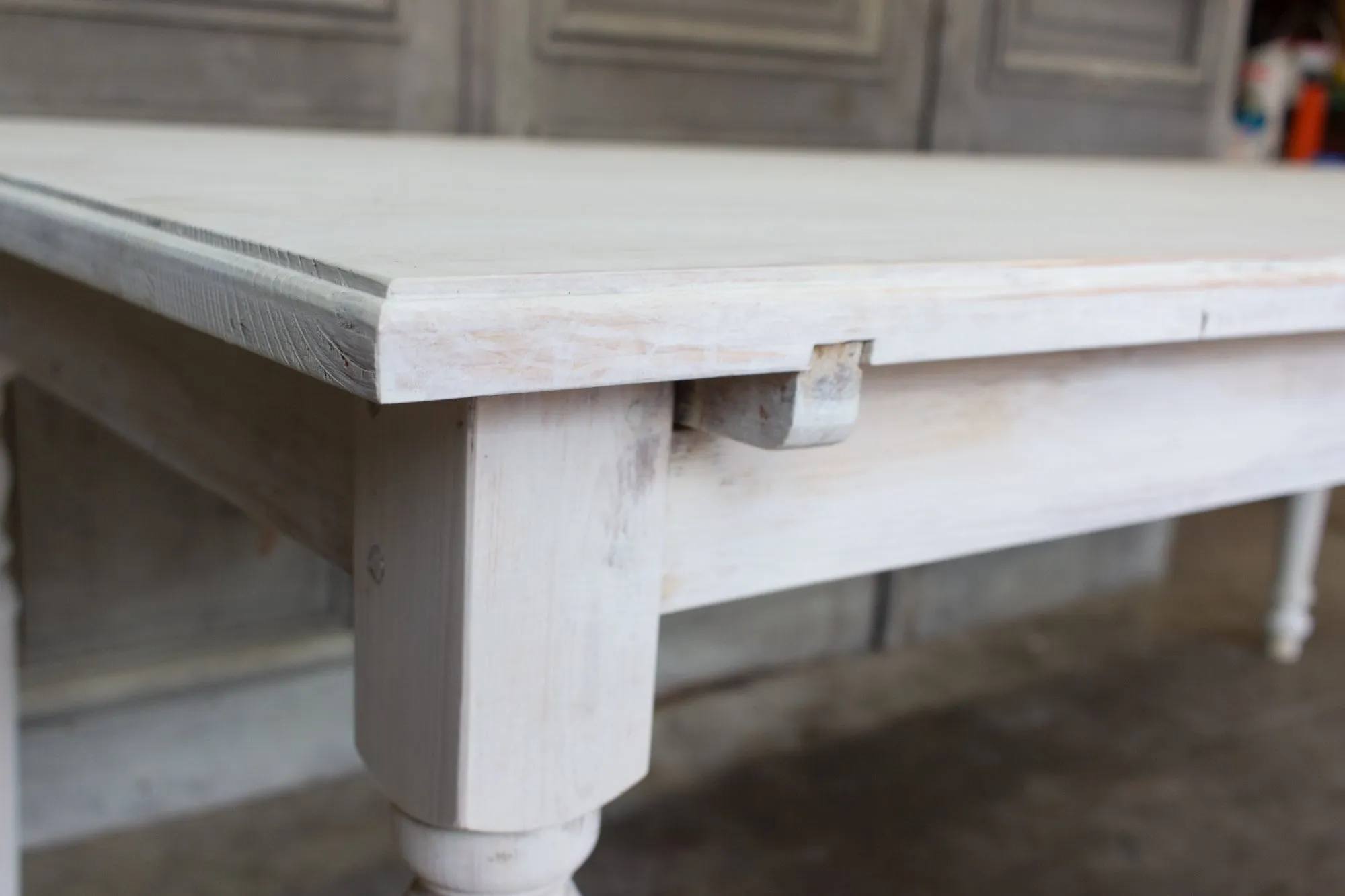 Large Pine Farm Table and Worktable with Drawer in Whitewash Painted Finish
