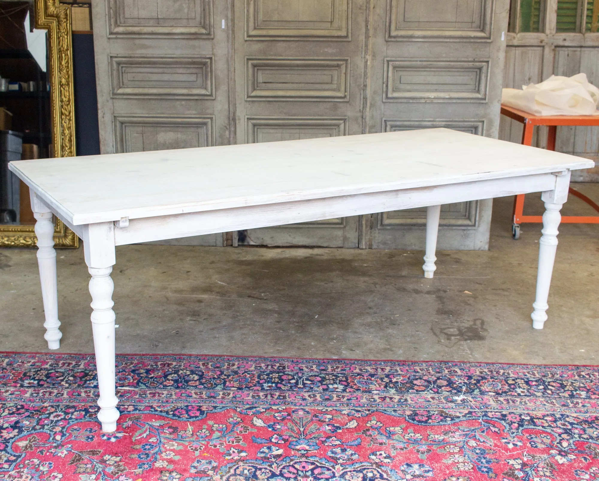 Large Pine Farm Table and Worktable with Drawer in Whitewash Painted Finish
