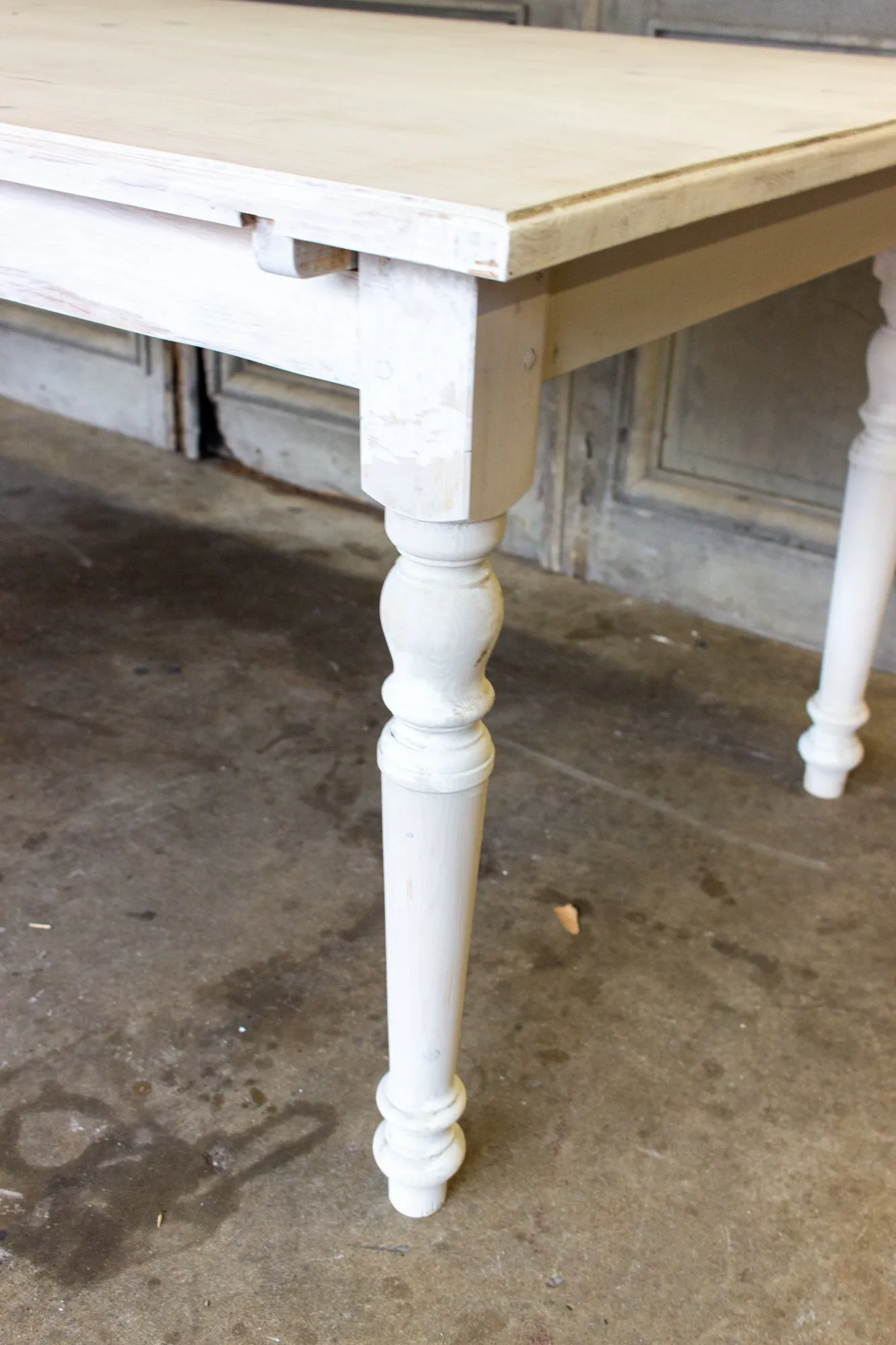 Large Pine Farm Table and Worktable with Drawer in Whitewash Painted Finish