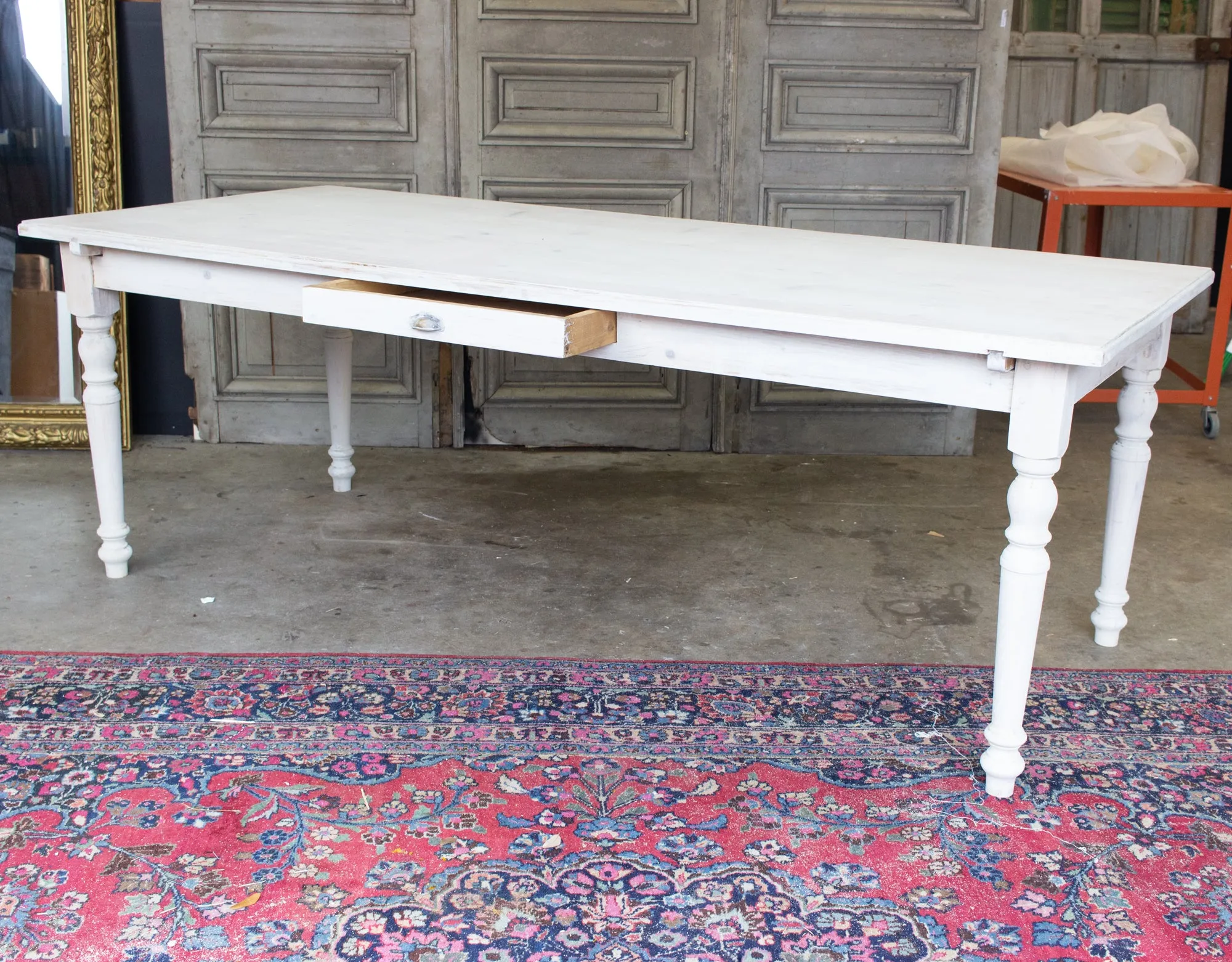 Large Pine Farm Table and Worktable with Drawer in Whitewash Painted Finish