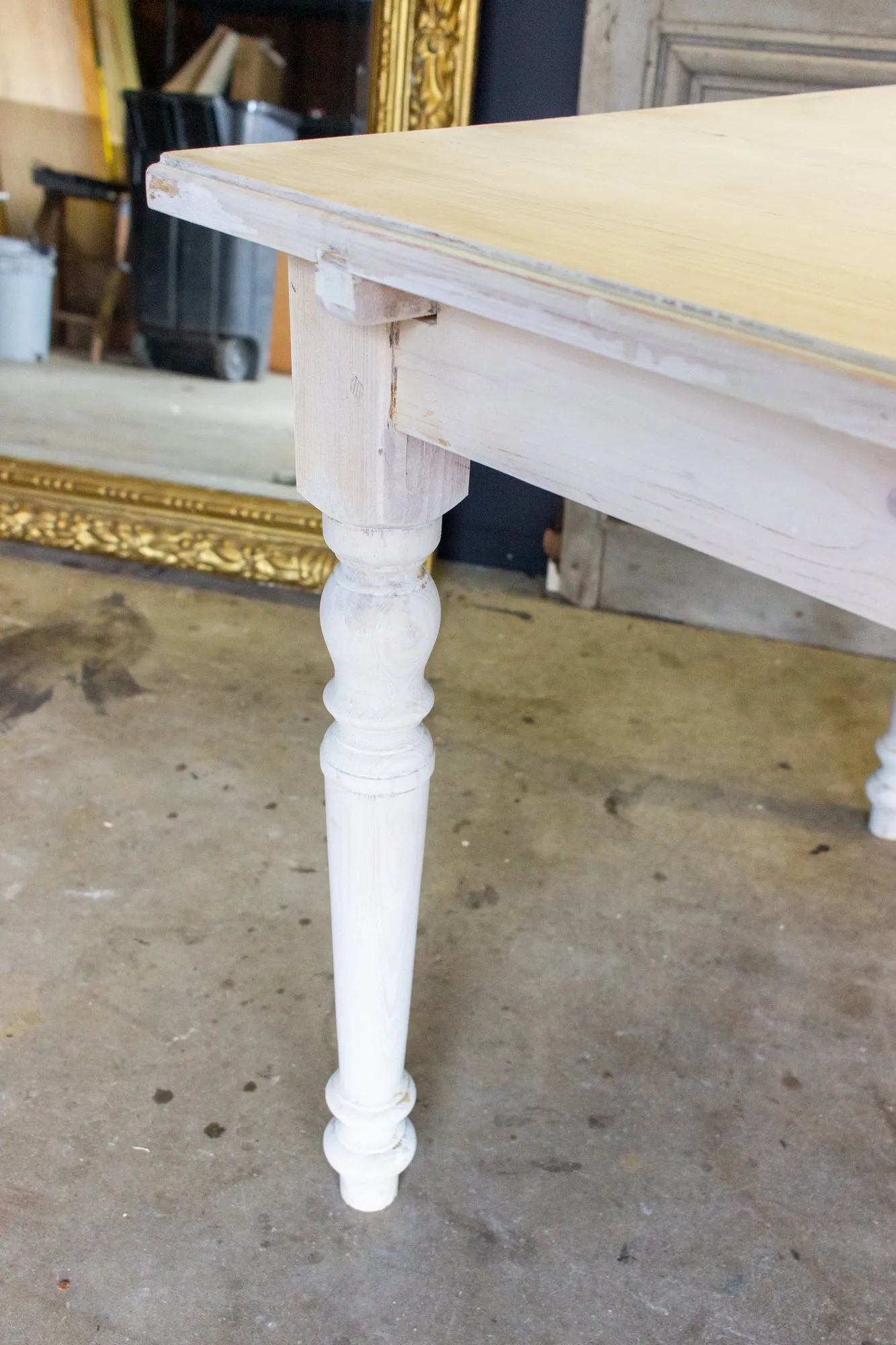 Large Pine Farm Table and Worktable with Drawer in Whitewash Painted Finish