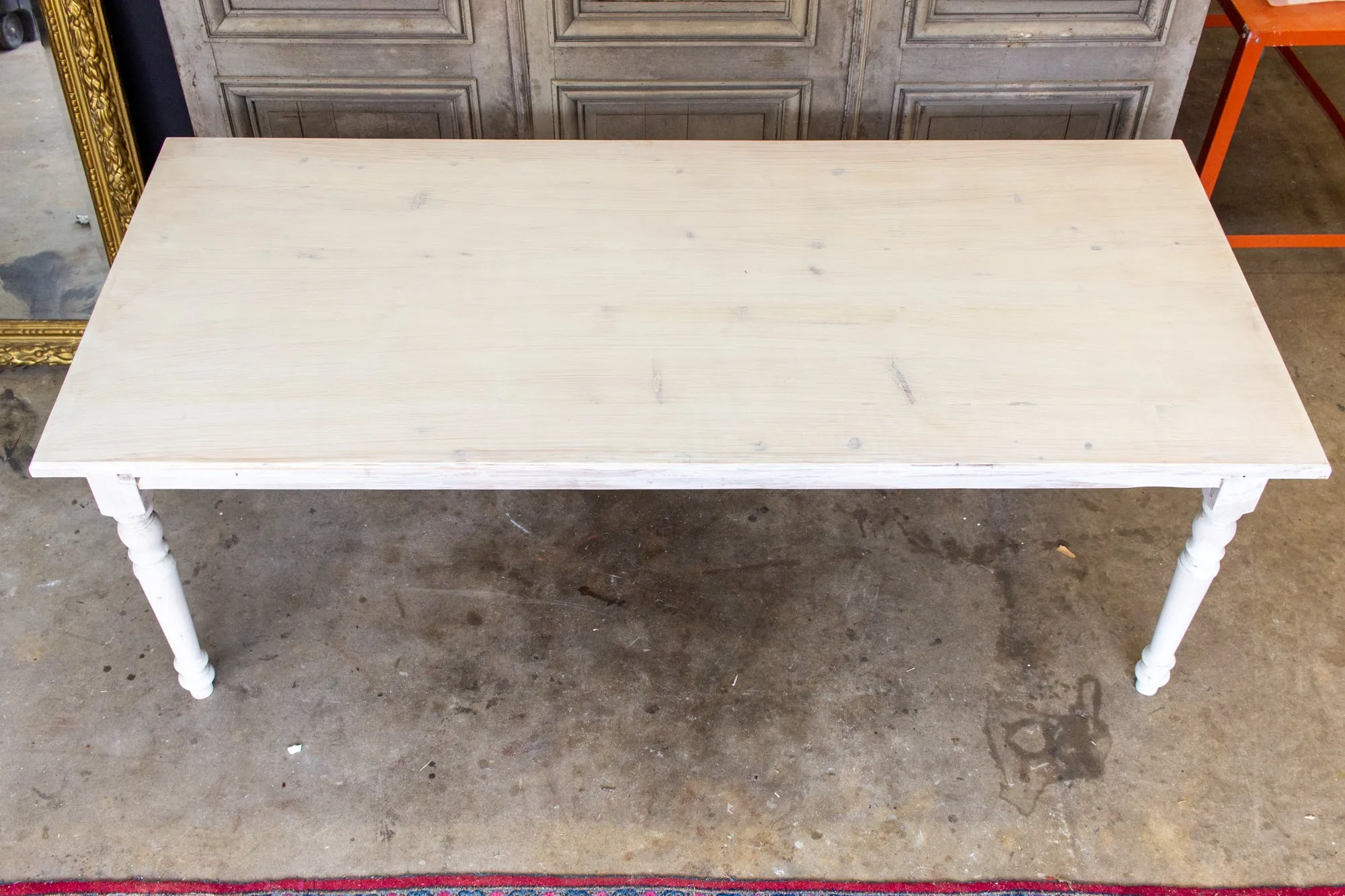 Large Pine Farm Table and Worktable with Drawer in Whitewash Painted Finish