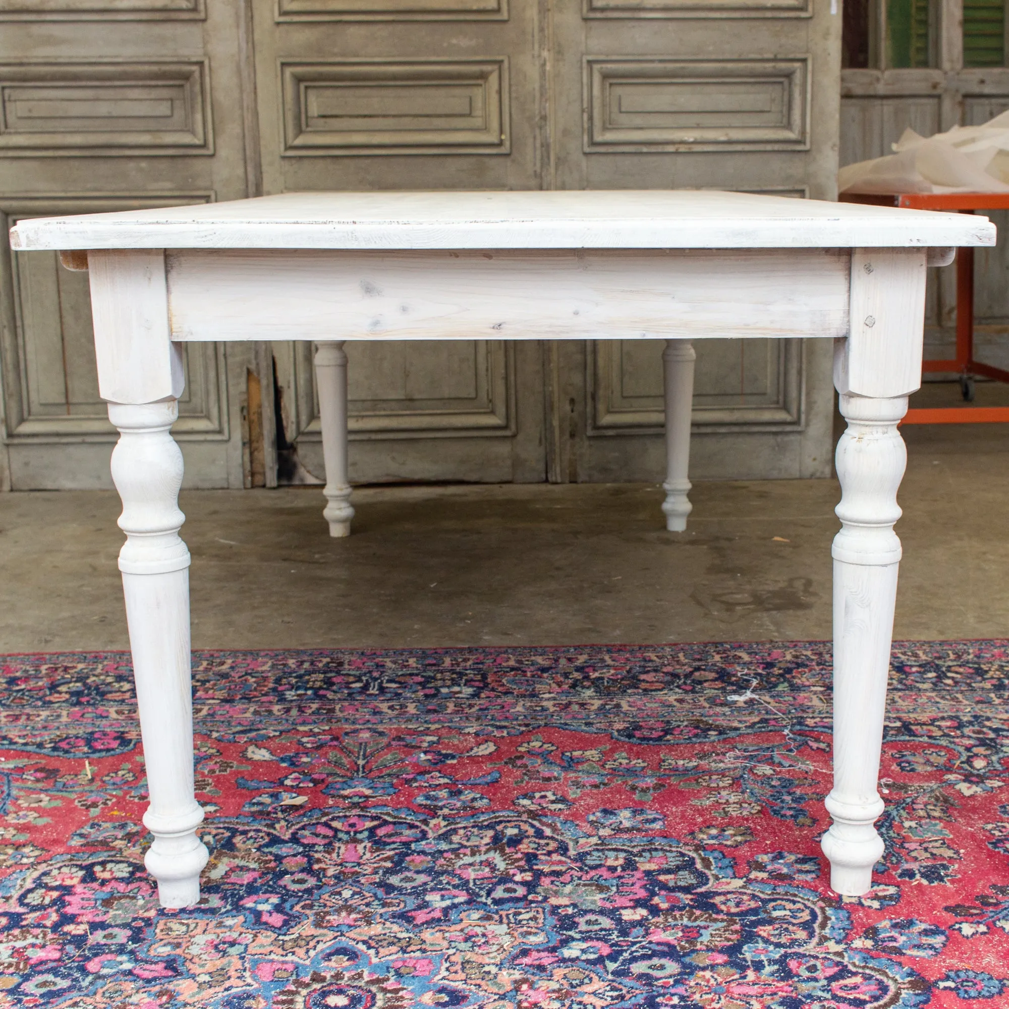 Large Pine Farm Table and Worktable with Drawer in Whitewash Painted Finish