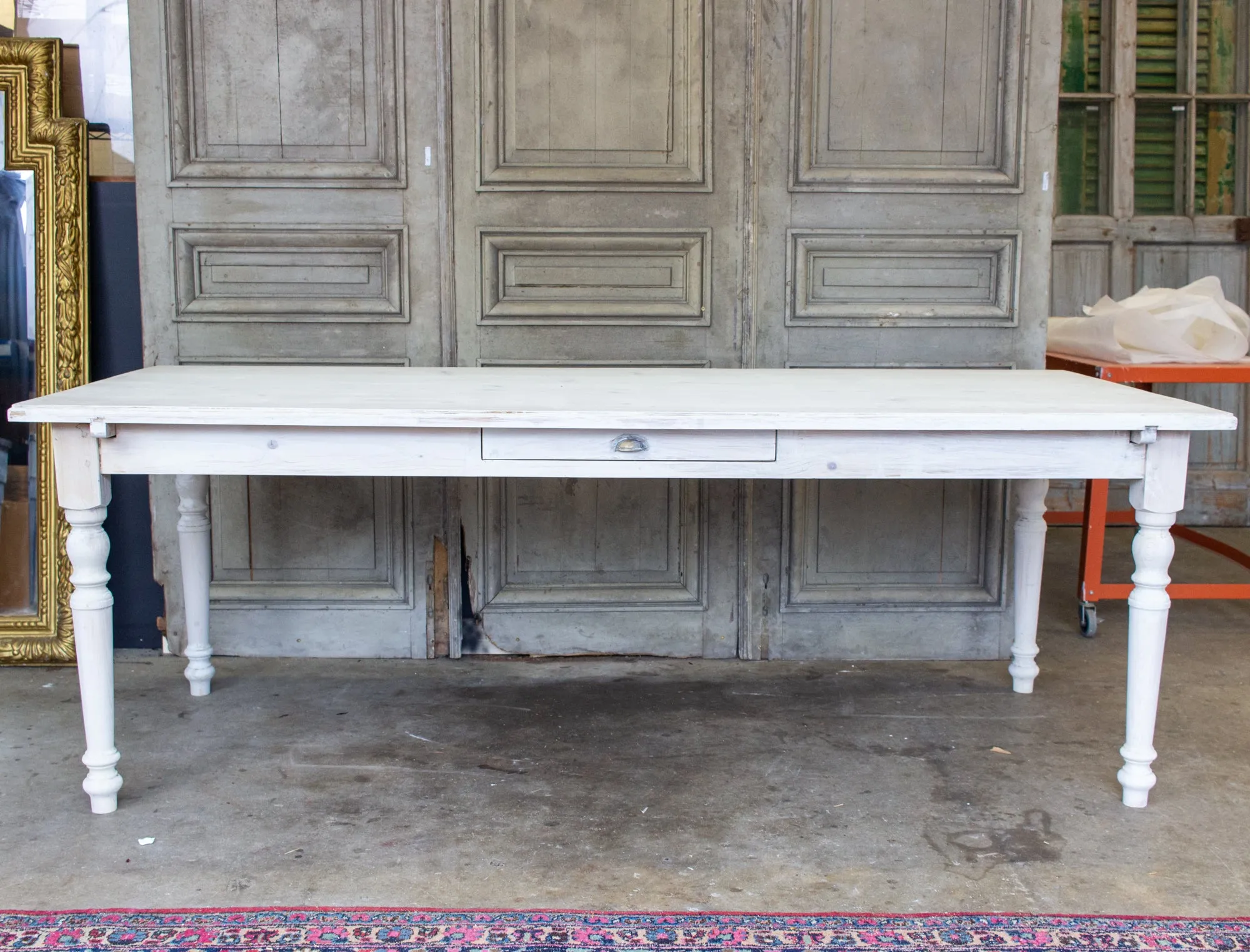 Large Pine Farm Table and Worktable with Drawer in Whitewash Painted Finish