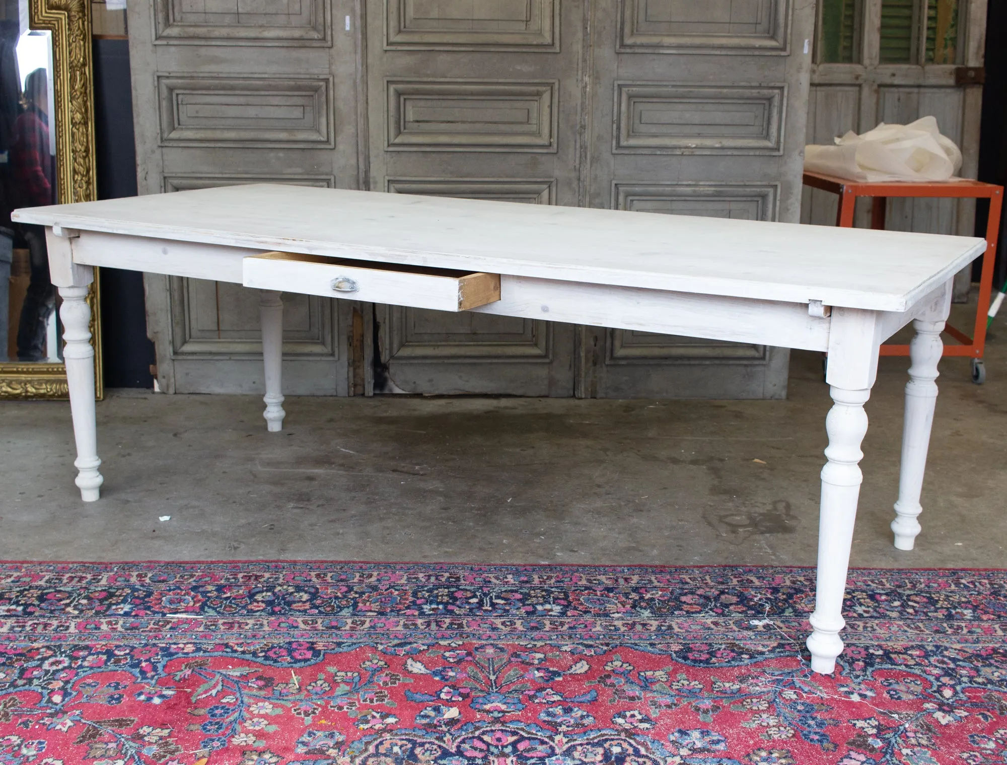 Large Pine Farm Table and Worktable with Drawer in Whitewash Painted Finish