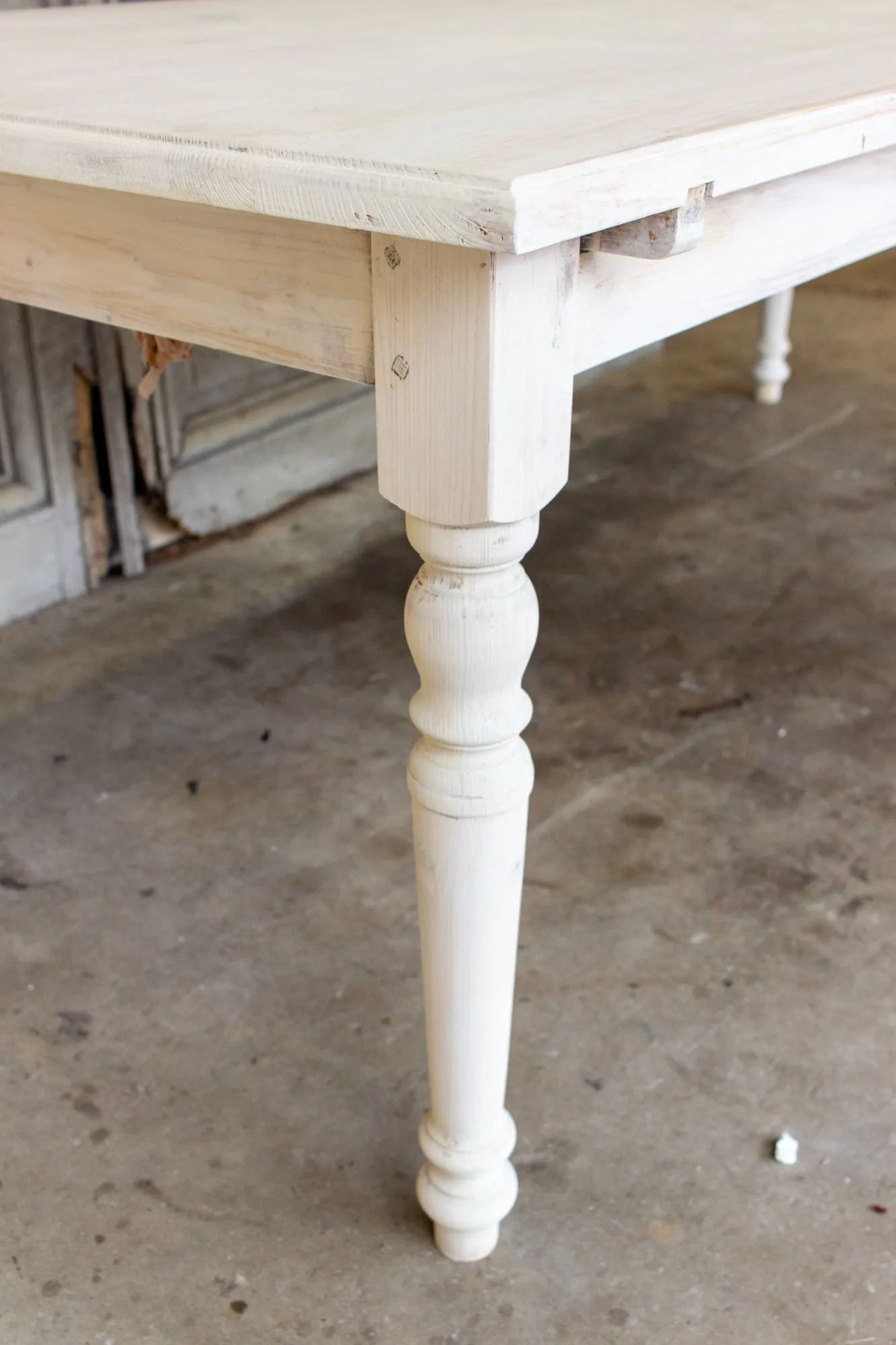 Large Pine Farm Table and Worktable with Drawer in Whitewash Painted Finish