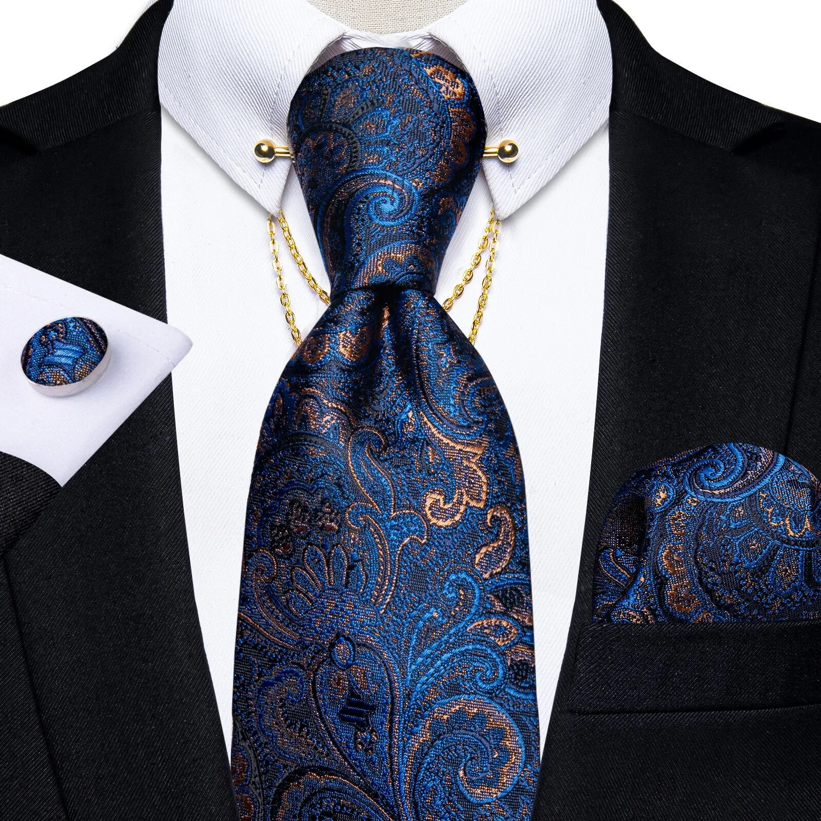 Luxury Black Gold Paisley Silk Ties For Men 8cm Men&#39;s Wedding Neck Tie Pocket Square Cufflinks Set Collar Pin Men&#39;s Gift