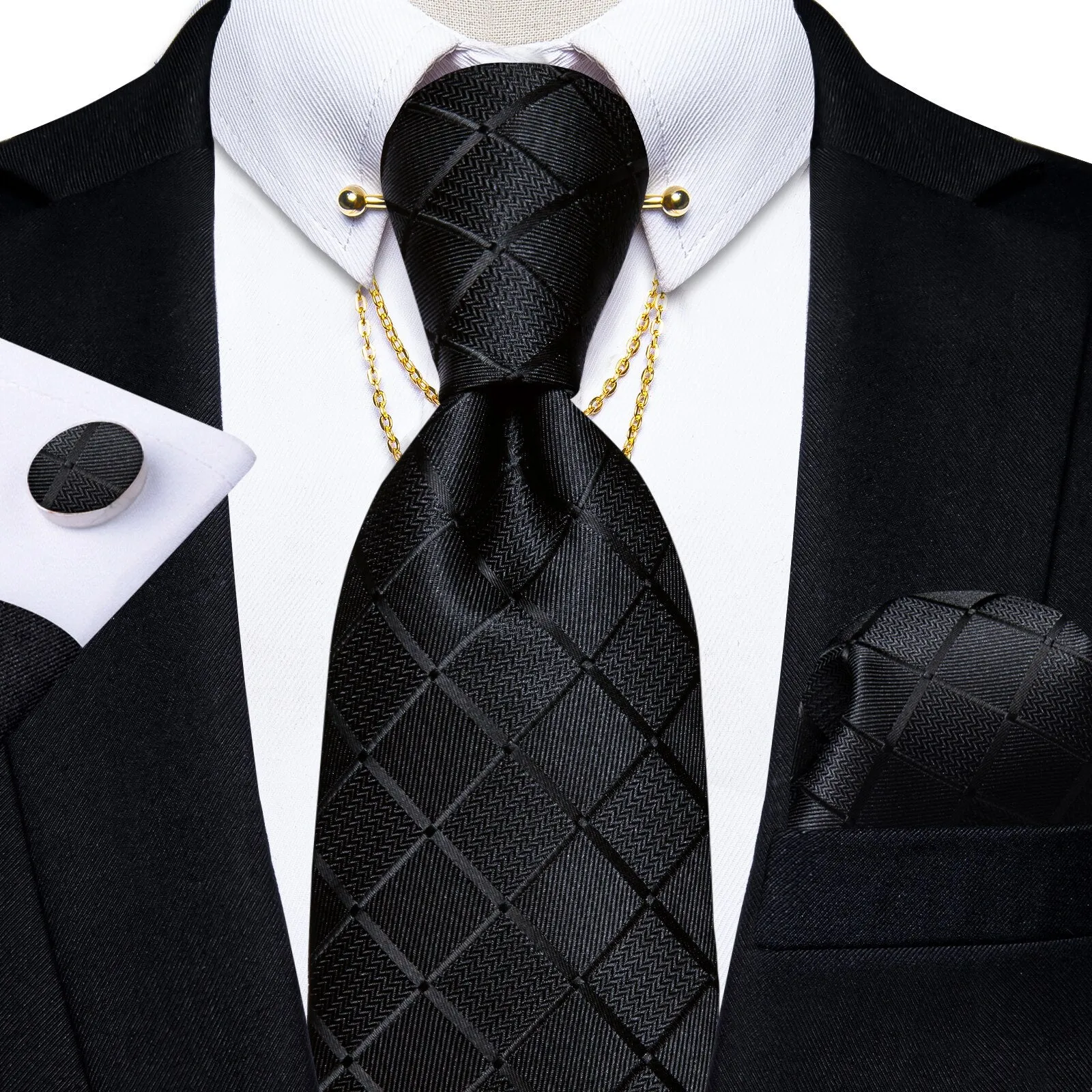 Luxury Black Gold Paisley Silk Ties For Men 8cm Men&#39;s Wedding Neck Tie Pocket Square Cufflinks Set Collar Pin Men&#39;s Gift