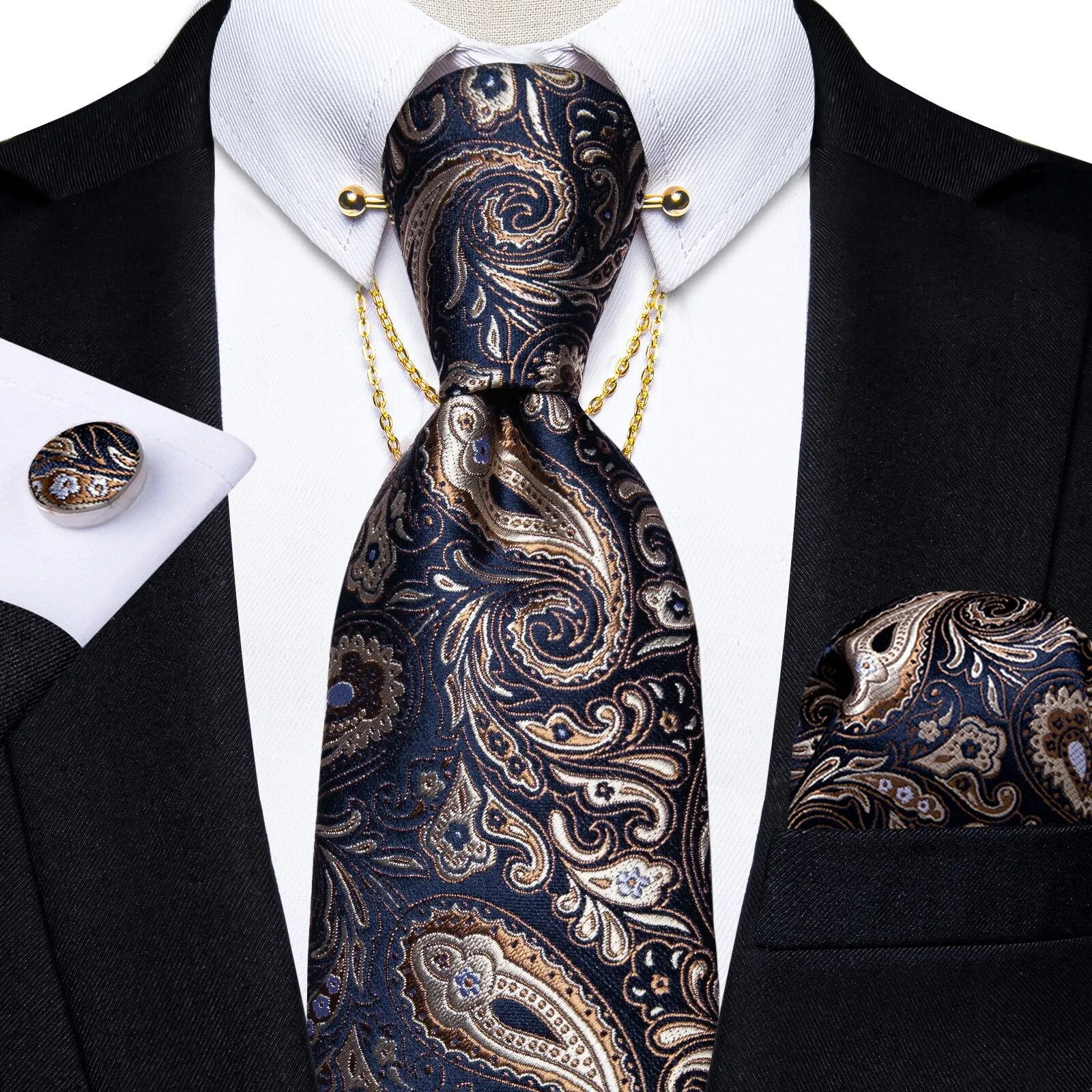 Luxury Black Gold Paisley Silk Ties For Men 8cm Men&#39;s Wedding Neck Tie Pocket Square Cufflinks Set Collar Pin Men&#39;s Gift