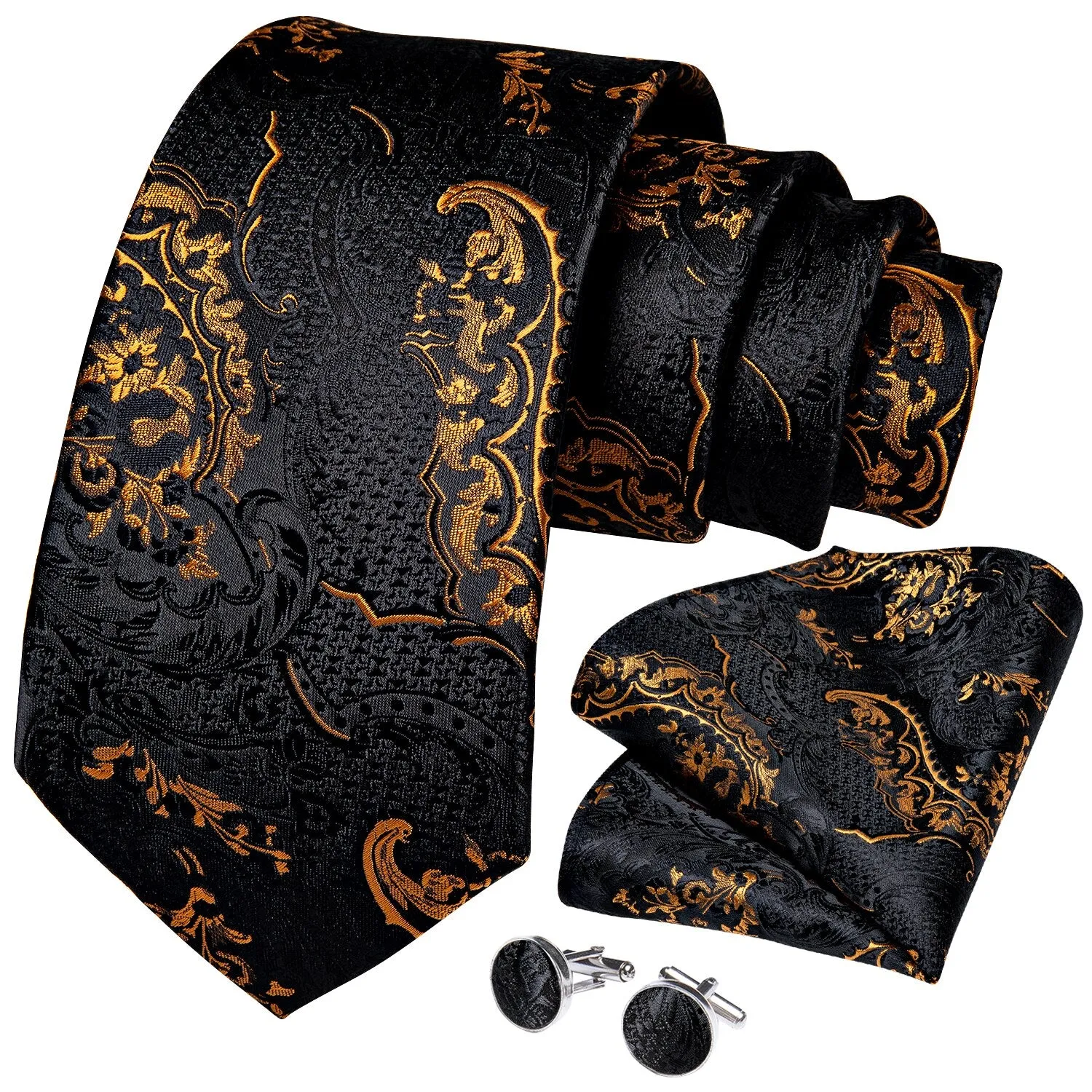 Luxury Black Gold Paisley Silk Ties For Men 8cm Men&#39;s Wedding Neck Tie Pocket Square Cufflinks Set Collar Pin Men&#39;s Gift