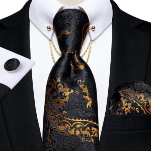 Luxury Black Gold Paisley Silk Ties For Men 8cm Men&#39;s Wedding Neck Tie Pocket Square Cufflinks Set Collar Pin Men&#39;s Gift