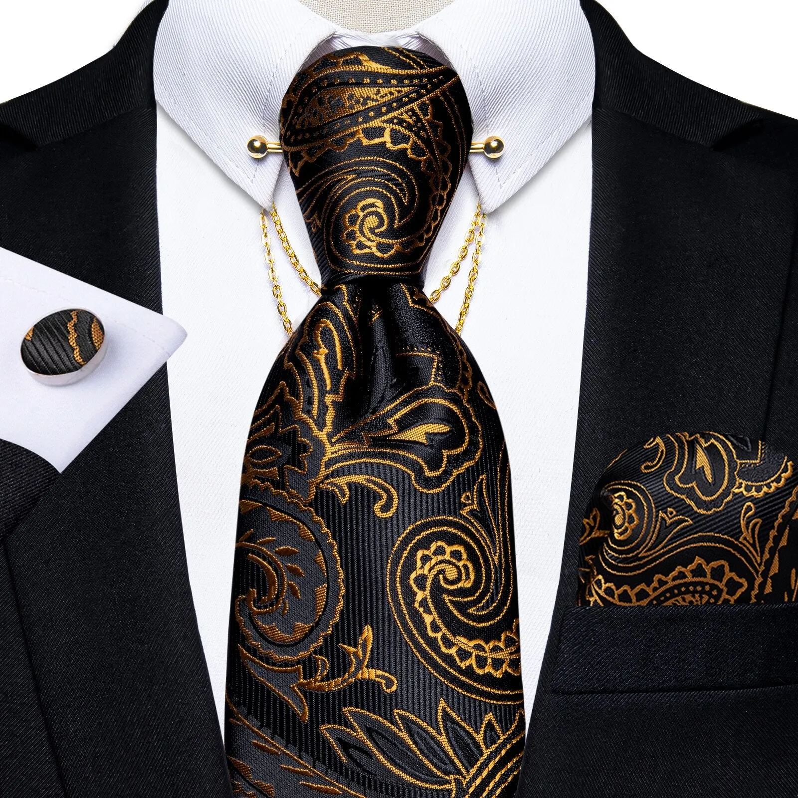 Luxury Black Gold Paisley Silk Ties For Men 8cm Men&#39;s Wedding Neck Tie Pocket Square Cufflinks Set Collar Pin Men&#39;s Gift