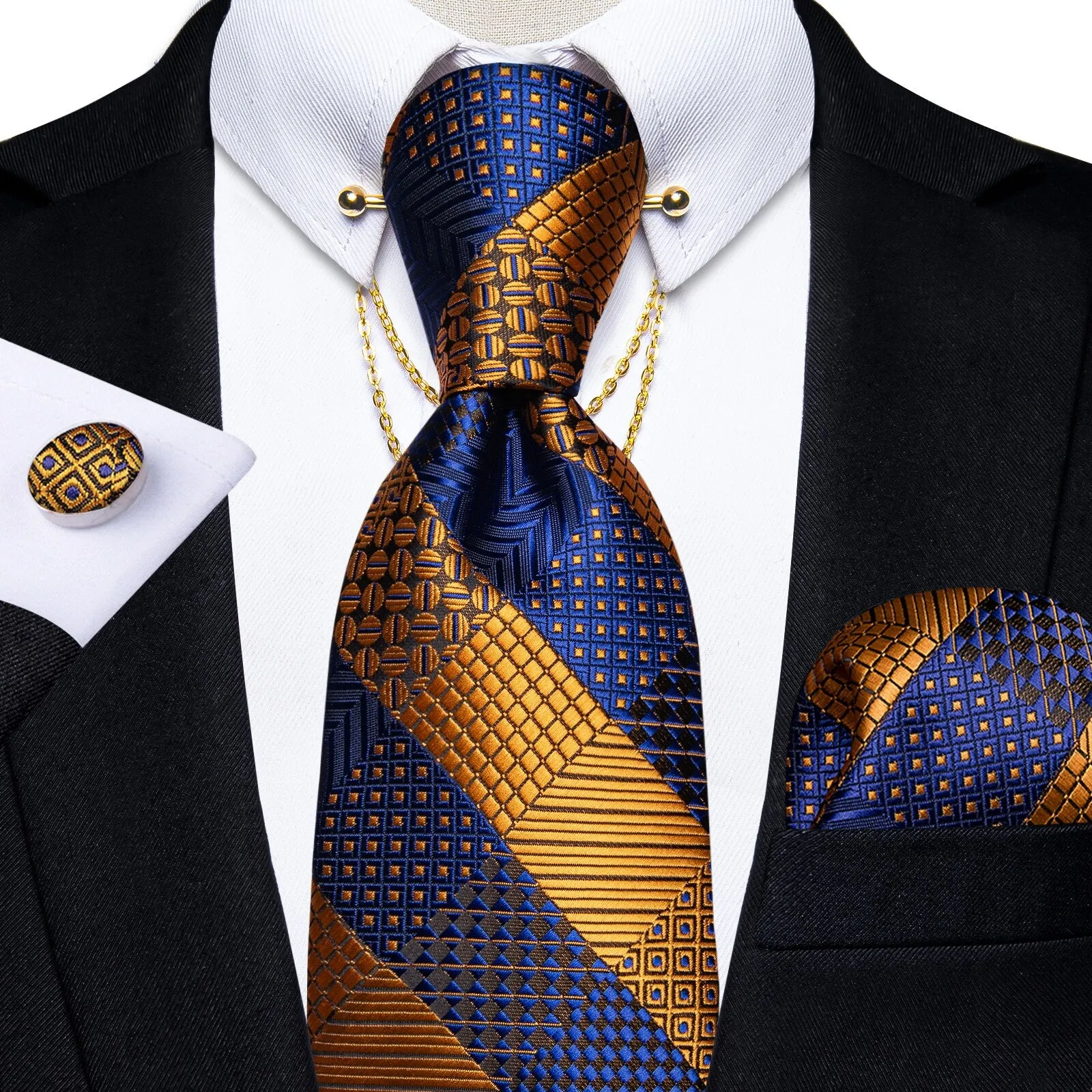 Luxury Black Gold Paisley Silk Ties For Men 8cm Men&#39;s Wedding Neck Tie Pocket Square Cufflinks Set Collar Pin Men&#39;s Gift