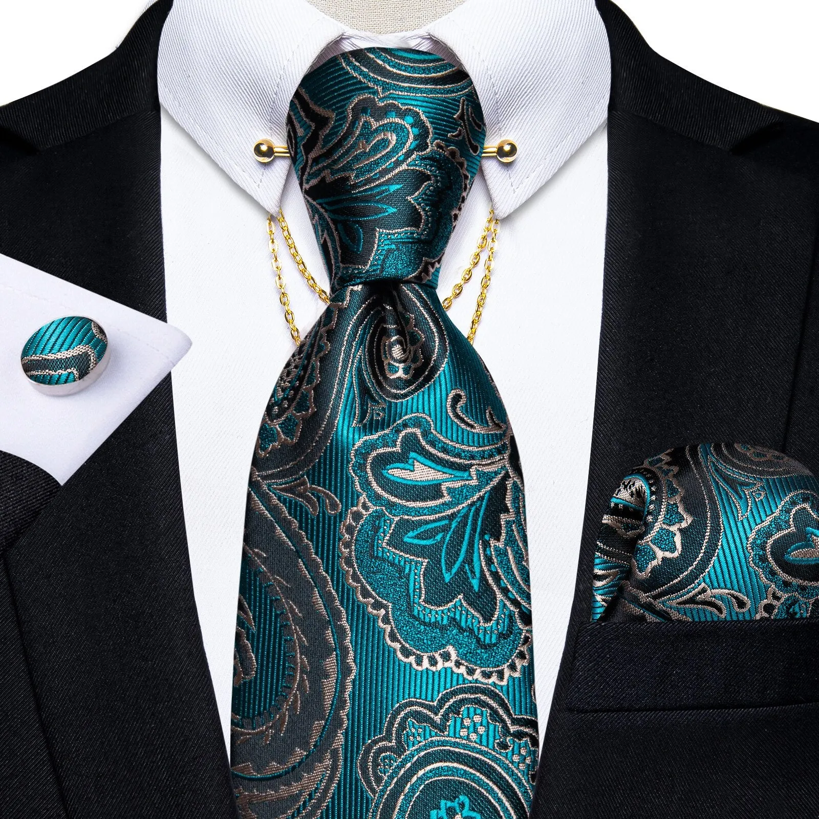Luxury Black Gold Paisley Silk Ties For Men 8cm Men&#39;s Wedding Neck Tie Pocket Square Cufflinks Set Collar Pin Men&#39;s Gift