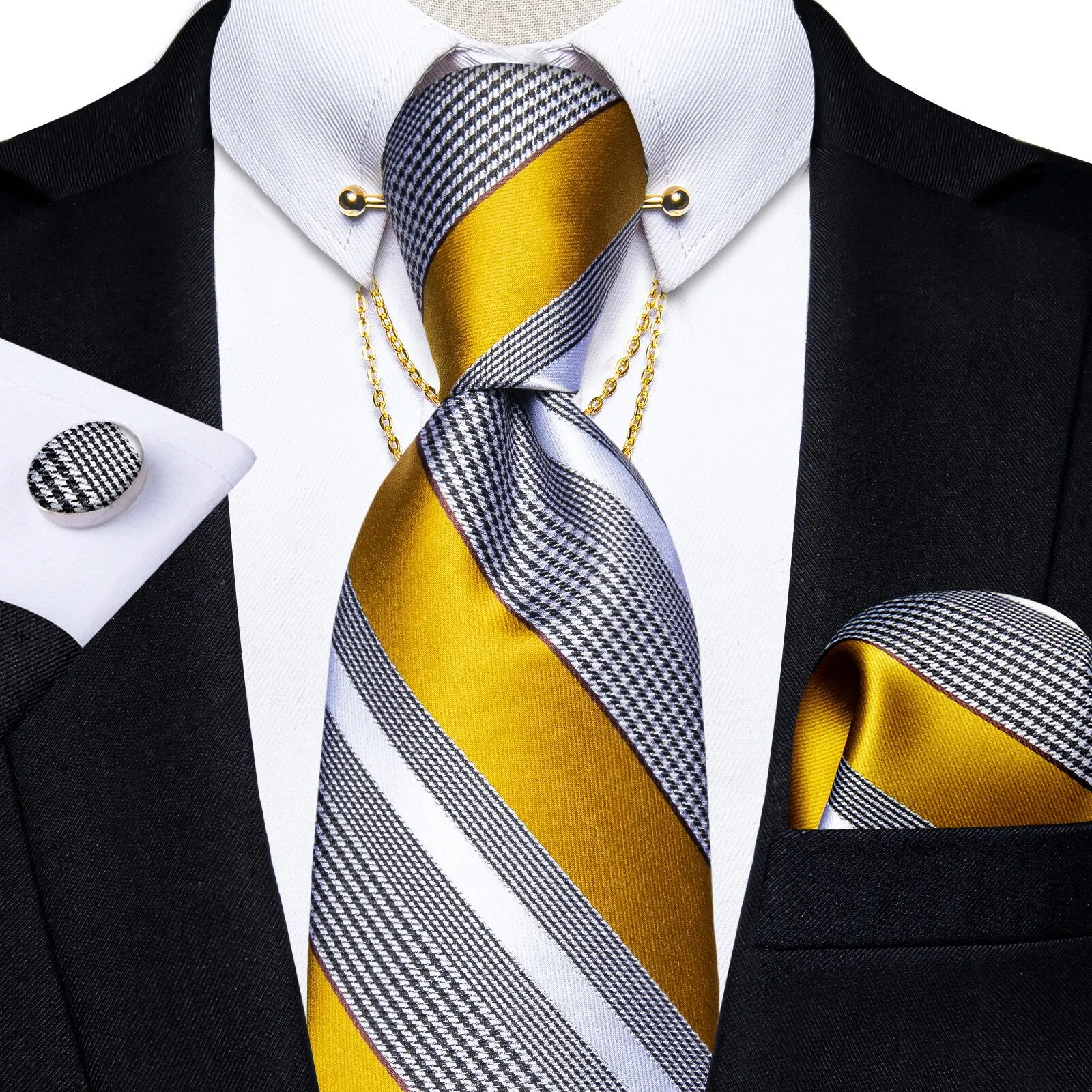 Luxury Black Gold Paisley Silk Ties For Men 8cm Men&#39;s Wedding Neck Tie Pocket Square Cufflinks Set Collar Pin Men&#39;s Gift