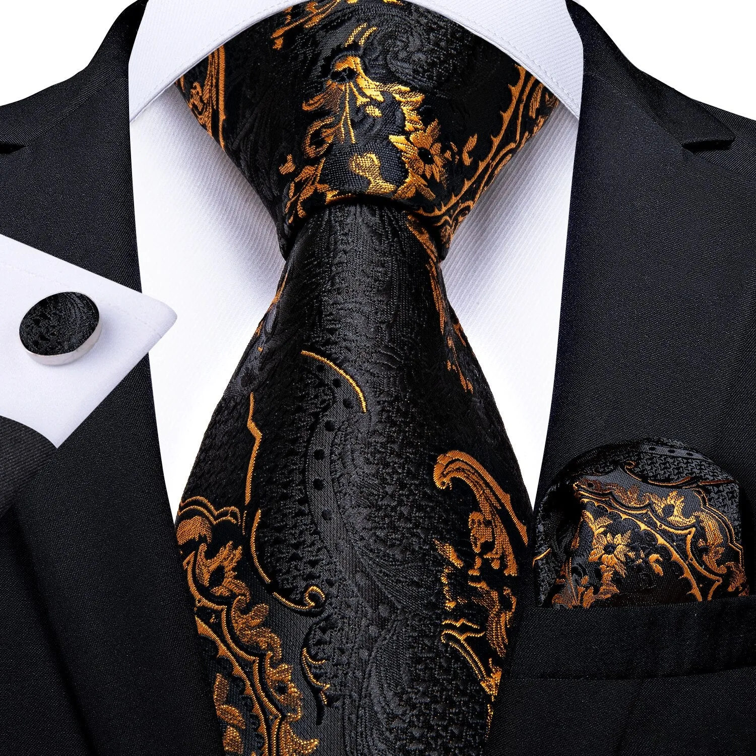 Luxury Black Gold Paisley Silk Ties For Men 8cm Men&#39;s Wedding Neck Tie Pocket Square Cufflinks Set Collar Pin Men&#39;s Gift