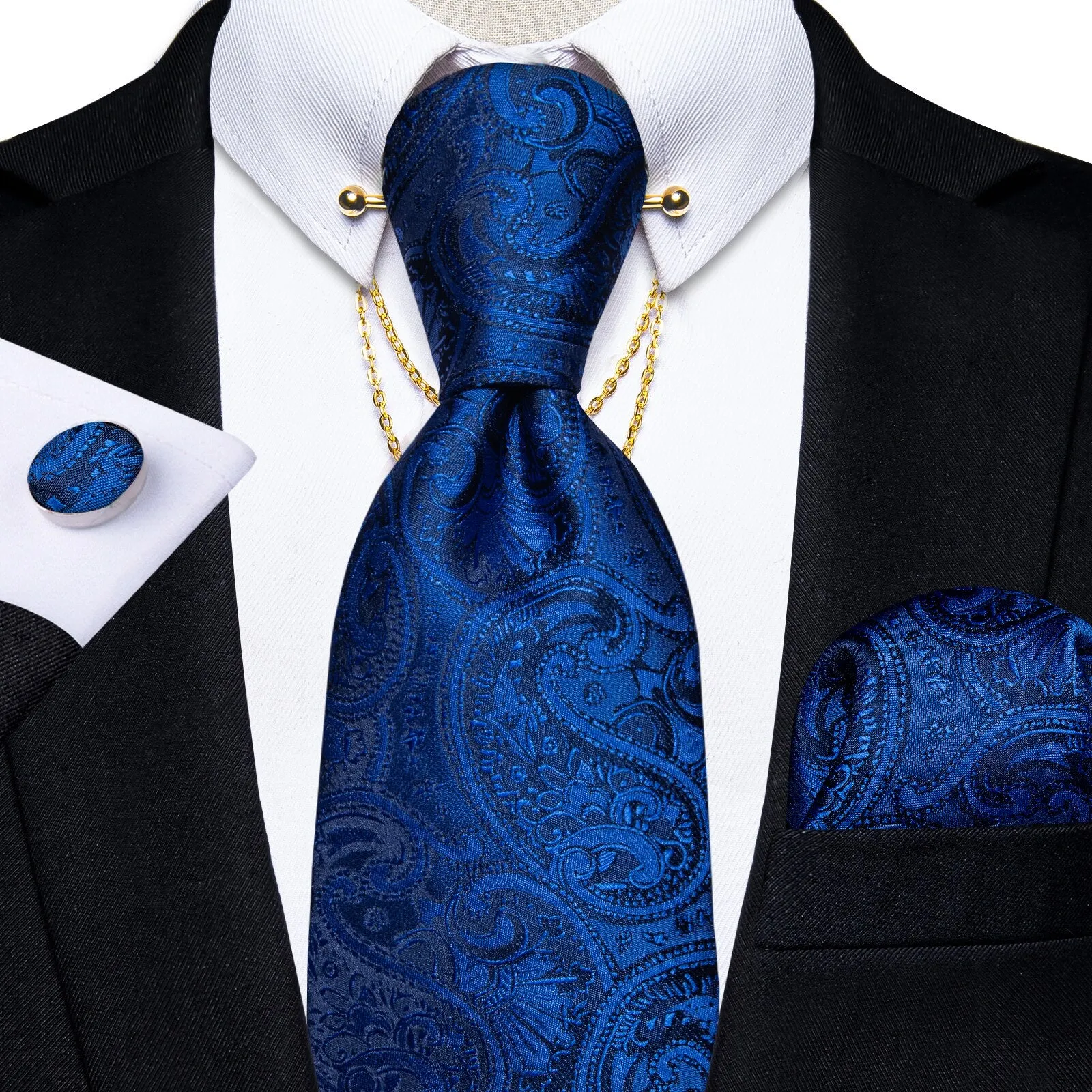 Luxury Black Gold Paisley Silk Ties For Men 8cm Men&#39;s Wedding Neck Tie Pocket Square Cufflinks Set Collar Pin Men&#39;s Gift