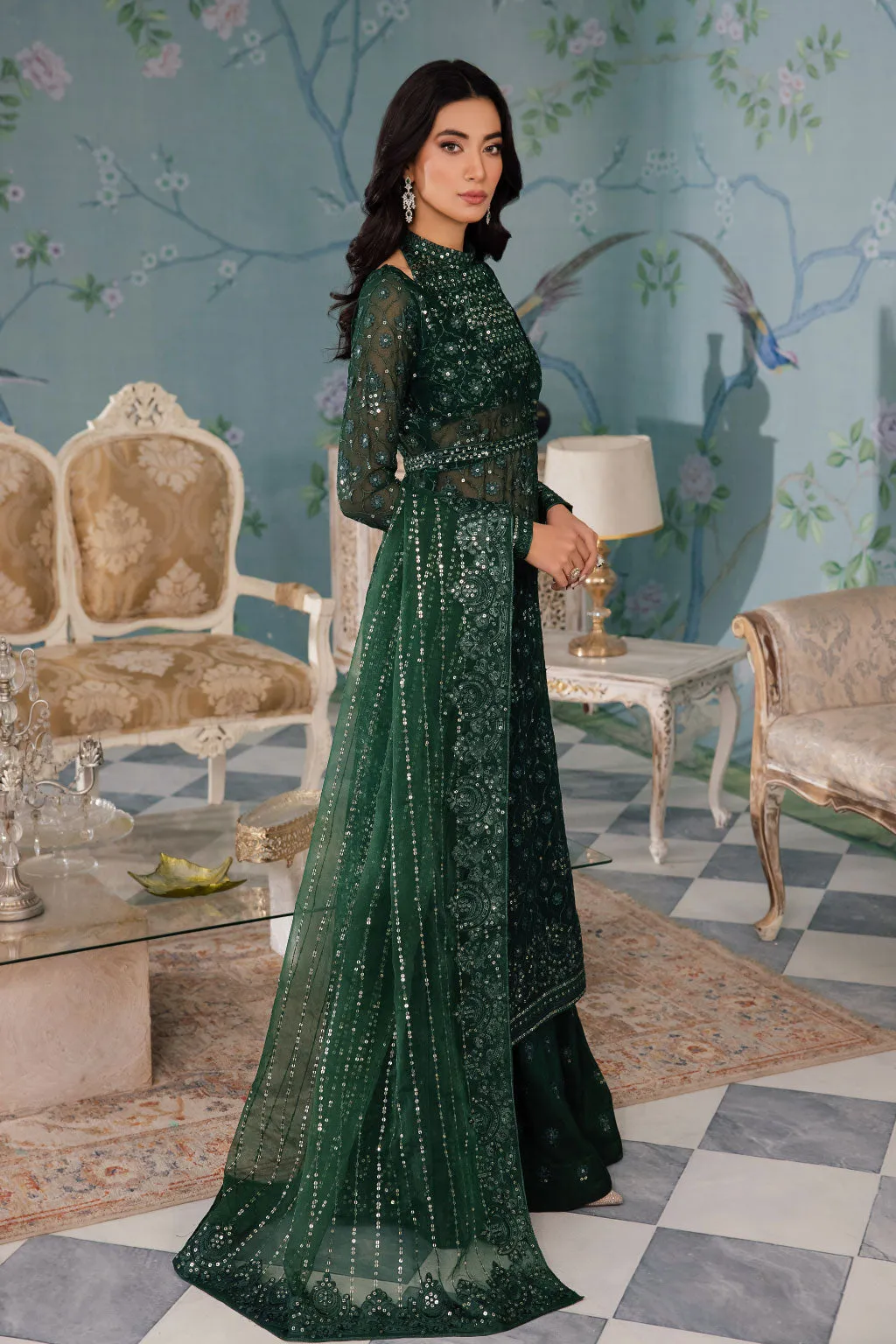Luxury Bottle Green Embroidered Pakistani Salwar Suit in Frock Style