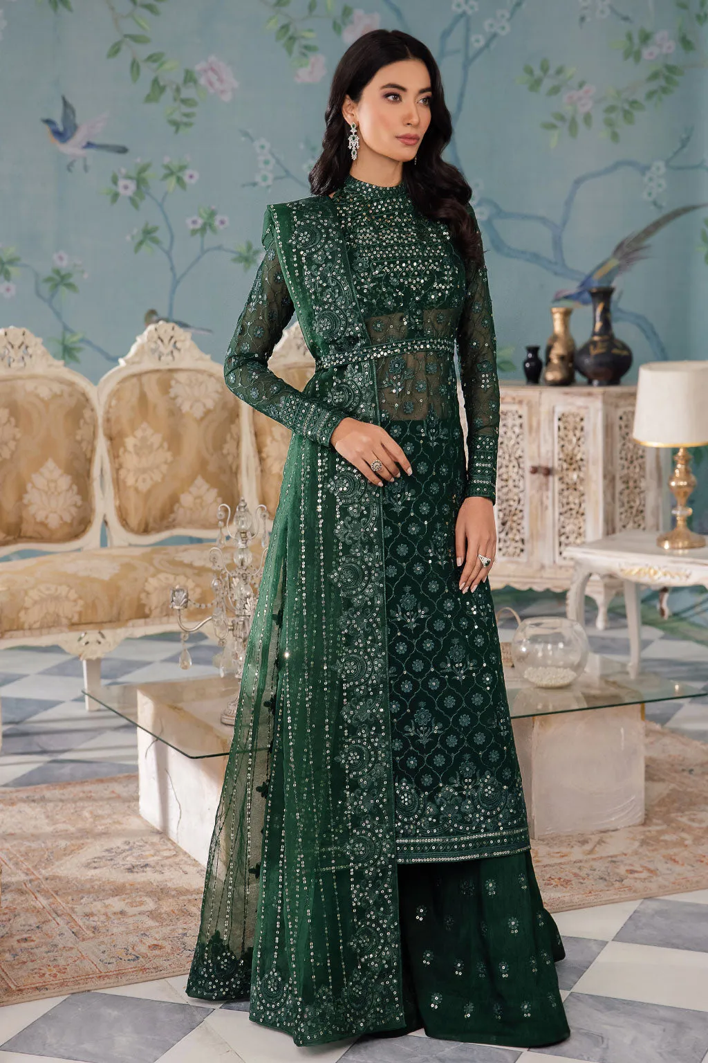 Luxury Bottle Green Embroidered Pakistani Salwar Suit in Frock Style
