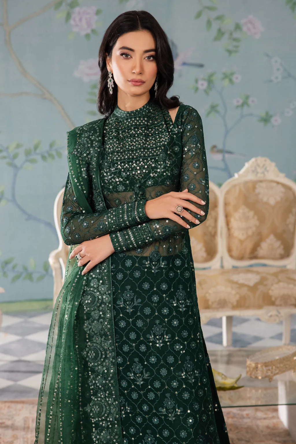 Luxury Bottle Green Embroidered Pakistani Salwar Suit in Frock Style