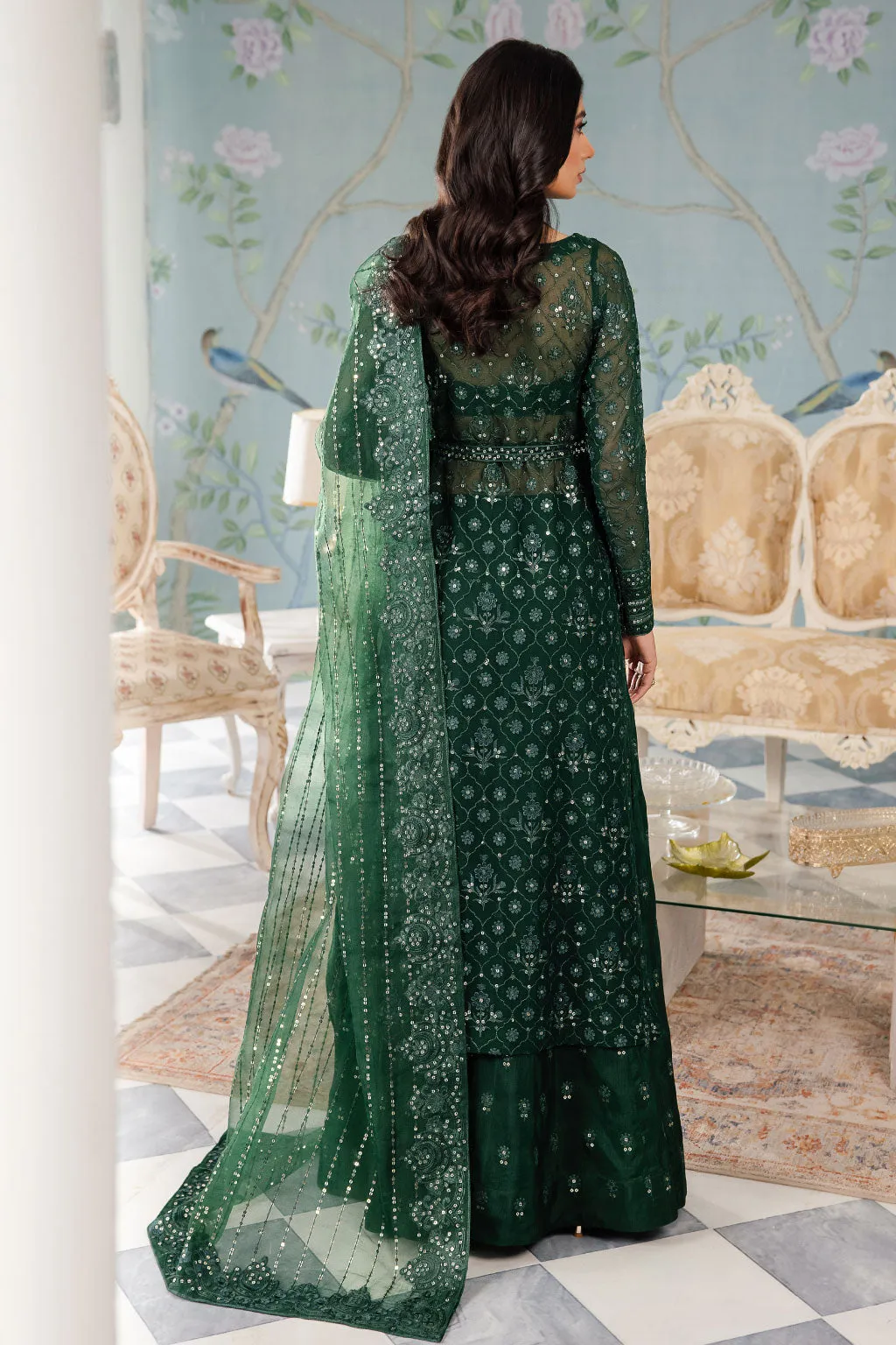 Luxury Bottle Green Embroidered Pakistani Salwar Suit in Frock Style