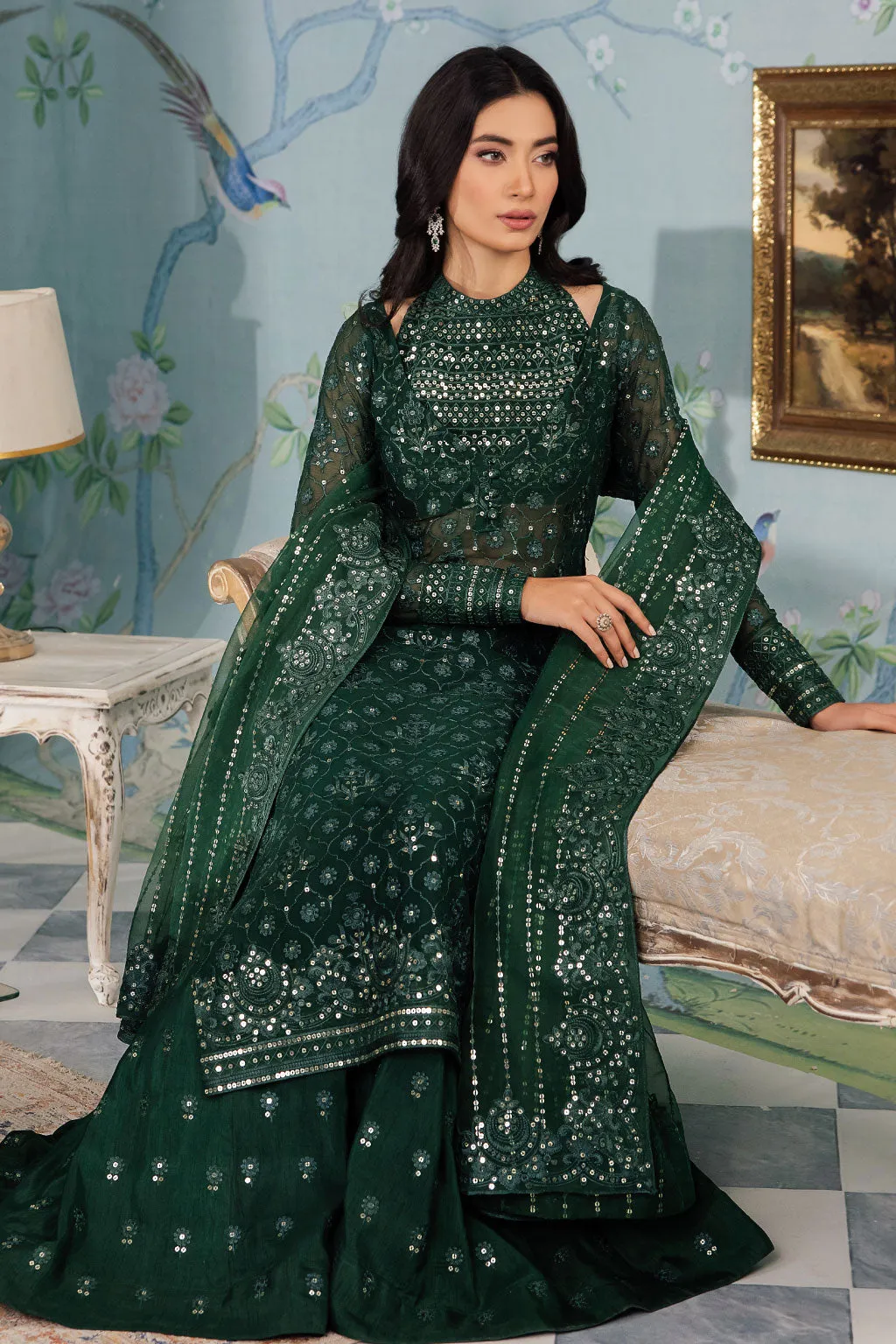 Luxury Bottle Green Embroidered Pakistani Salwar Suit in Frock Style