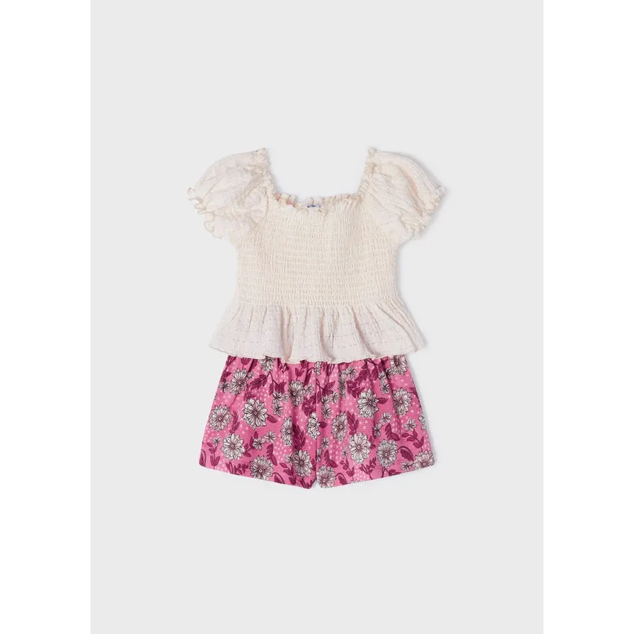 Mayoral Ivory Smocked Top & Peony Floral Shorts 2-Piece Set