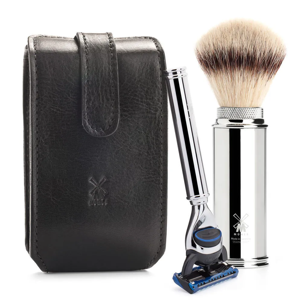 MÜHLE Travel Florentine Black Leather Silvertip Fiber & Fusion Shaving Kit