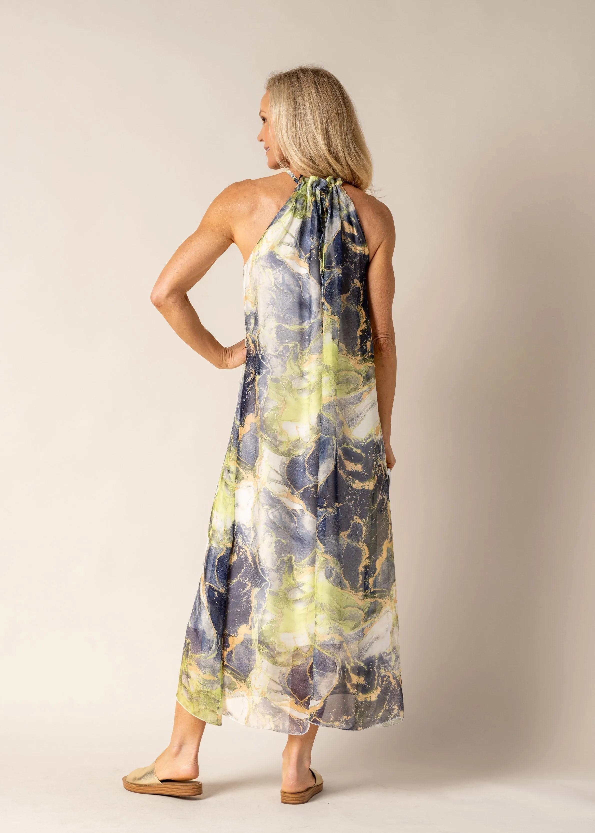 Minali Silk Dress in Lime Splice