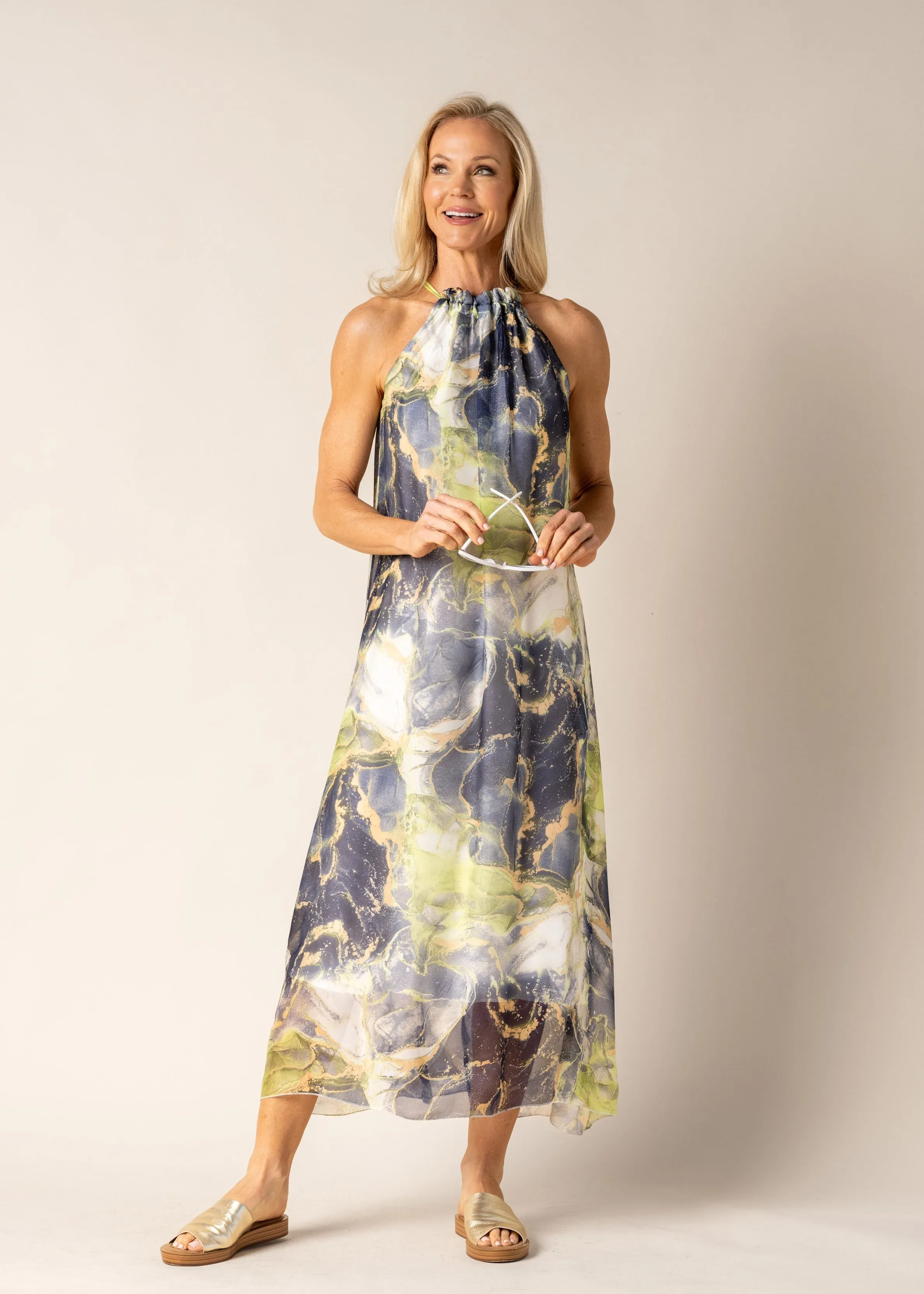 Minali Silk Dress in Lime Splice
